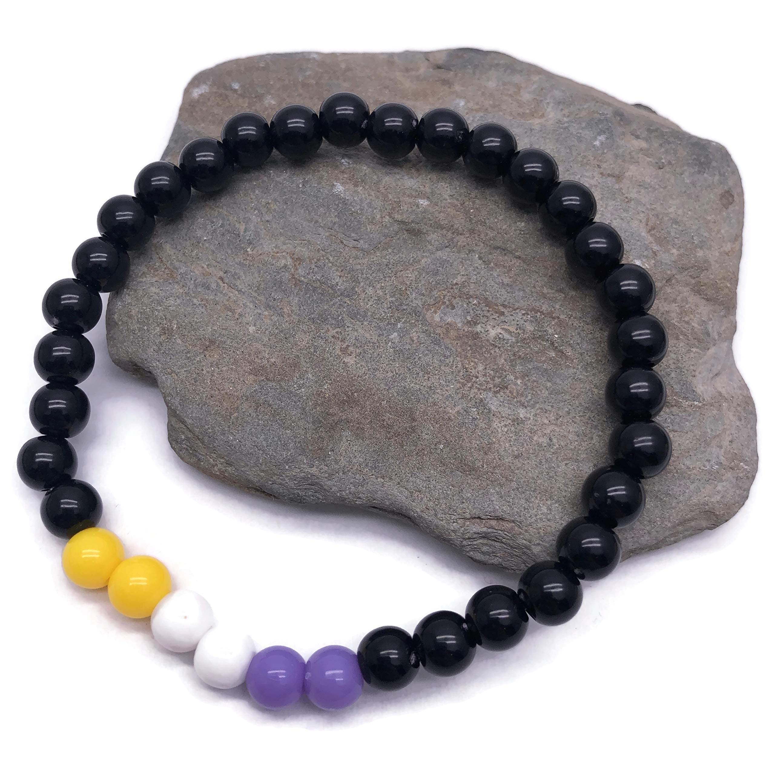 Non Binary Flag Bead Bracelet, 6mm Yellow White Lavender and Black Acrylic Beads, LGBT Pride Awareness : Size Small/Medium 7 inches, Gift for Enby