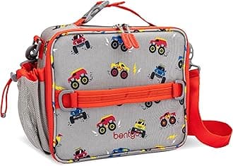 Bentgo Kids Lunch Bag - Double-Insulated, Reusable Lunch Bag for Kids 3+ with Adjustable Strap; Holds Lunch Box/Water Bottle/Snacks; Easy-Clean, Water-Resistant & Pockets (Trucks)
