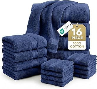 LANE LINEN 100% Cotton Luxury Towel Set for Bathroom - 16 Pieces, Ring Spun - Plush, Soft & Highly Absorbent - 4 Shower Towels, 8 Washcloths, 4 Hand Towels - Complete Bathroom Towel Set - Navy Blue