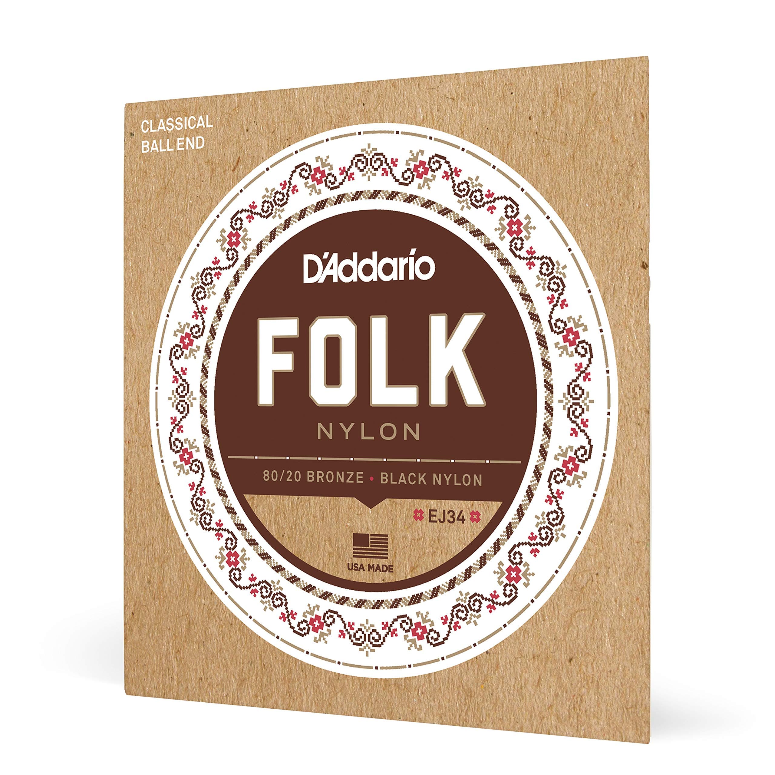D'Addario Folk Nylon Classical Guitar Ball End String Set, Nylon, EJ34 Black Trebles 80/20 Bronze Basses