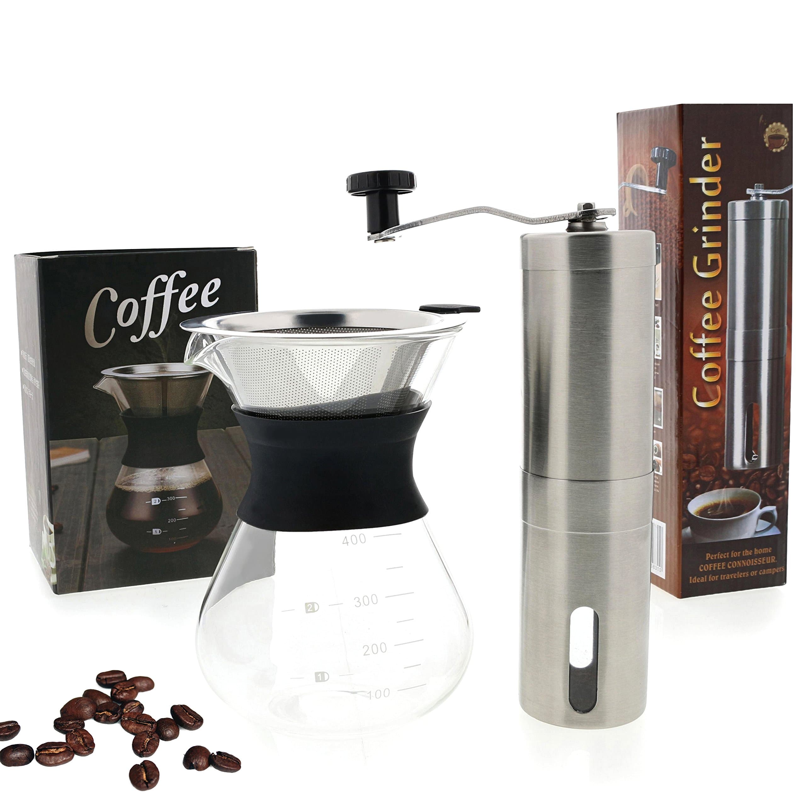 Pour-Over Coffee Maker Set - Fast and Quiet Manual-Grinder and Stainless Steel Ceramic Burr - with Borosilicate Glass Pourover Carafe
