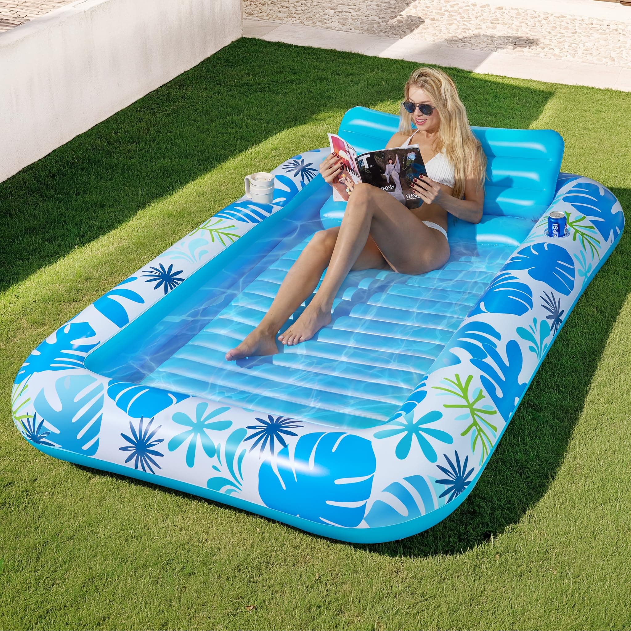 Inflatable Backyard Tanning Pool Lounger Float with Built-in Drainage, 85"×57.5" 6-in-1 Pool Floats Adult Inflatable Tanning Bed/Sun tan Tub/Outside Blow Up Chair Sofa Cloud Pools