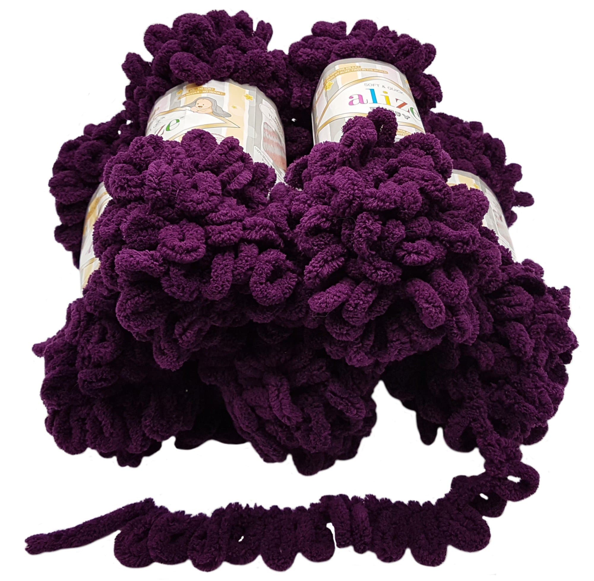 Alize Puffy 5 x 100 g wool, 500 g of yarn for finger knitting, extra bulky wool with loops for knitting without using needles Beere 111