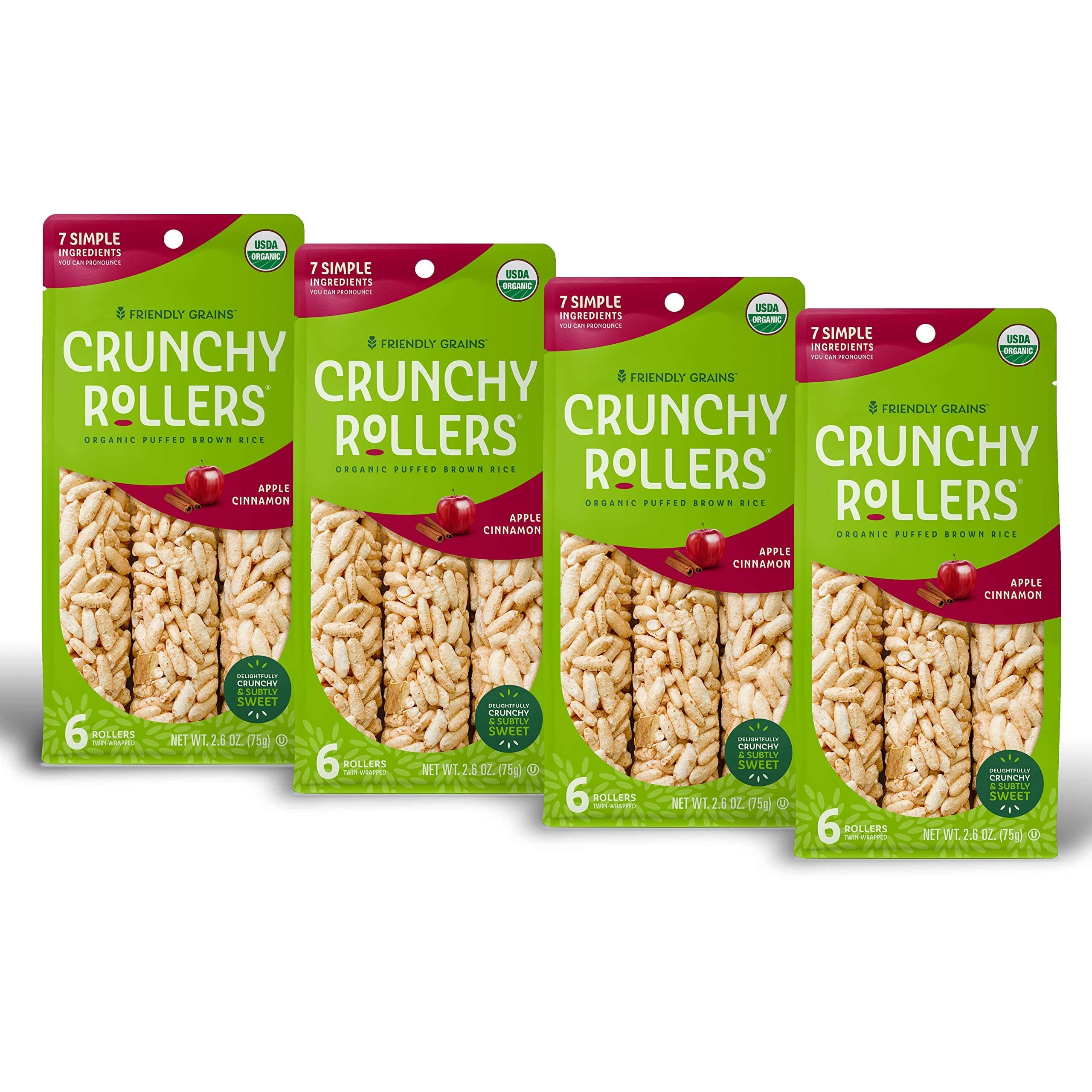 Friendly Grains - Crunchy Rollers - Organic Rice Snacks, Crispy Puffed Rice Rolls, Healthy Snack Rolls for Adults and Kids - Apple Cinnamon (4 packs of 6)