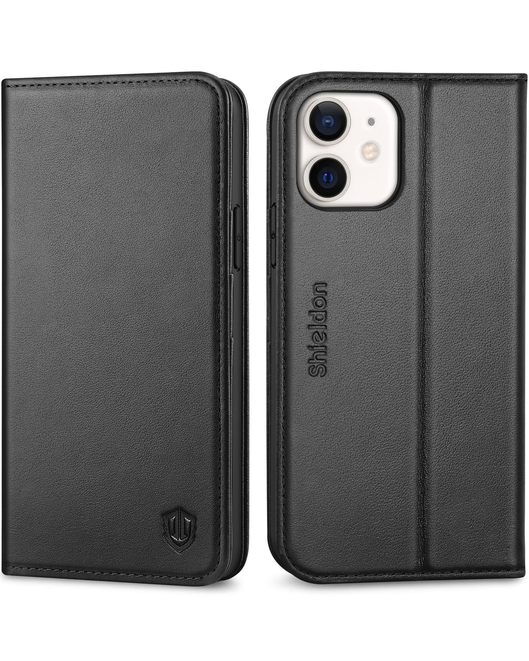SHIELDON Case for iPhone 12/12 Pro 5G, Genuine Leather Wallet Case Magnetic RFID Blocking Credit Card Holder Kickstand Shockproof Cover Compatible with iPhone 12/12 Pro (6.1 Inch 2020) - Black