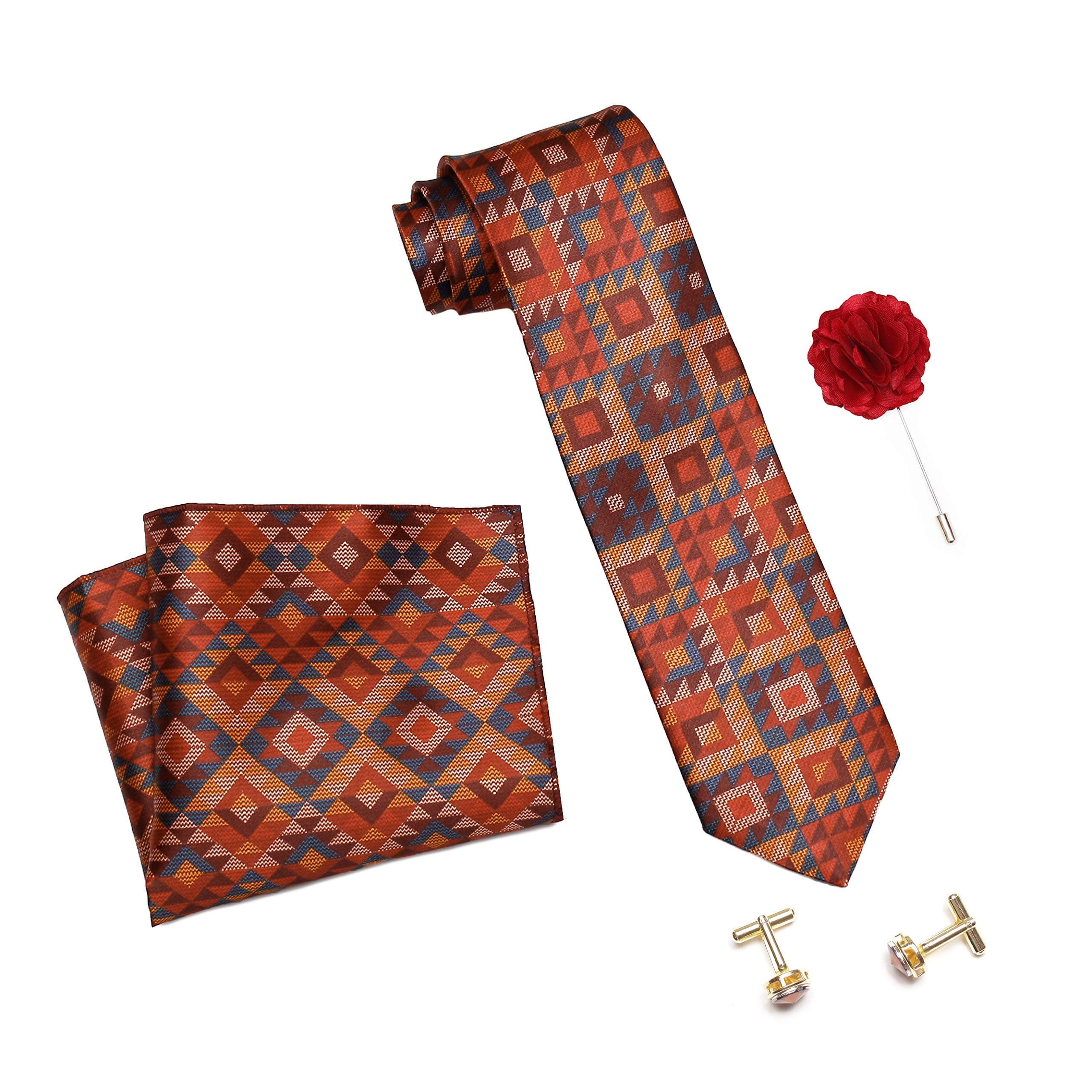 AxlonMen's Micro Polyester Printed Necktie Set with Pocket Square, Brooch Pin and Cufflinks (Multicolour, Free Size)