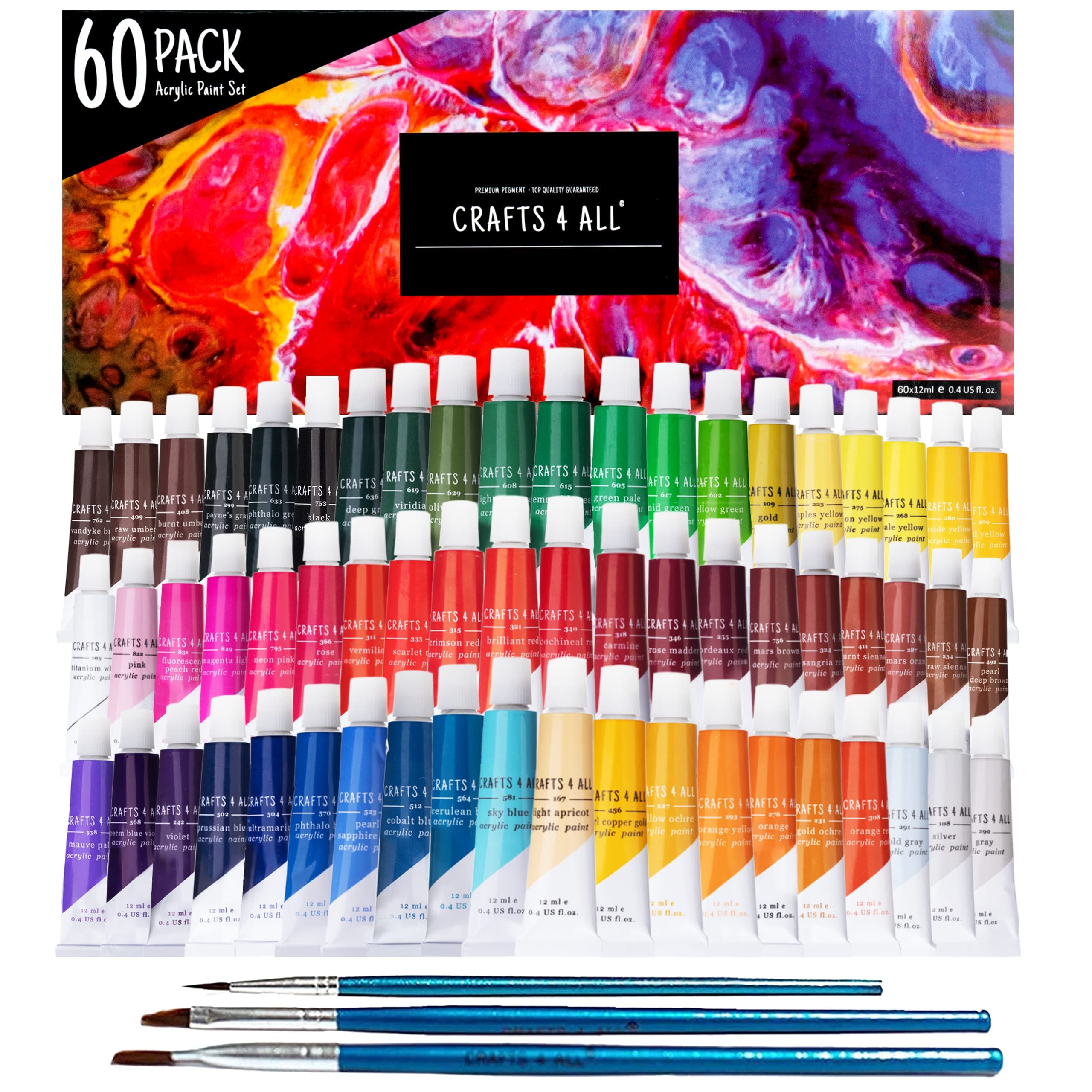 Crafts 4 All Acrylic Paint Set for Adults and Artists - 60 Pack of 12mL Paints with 3 Art Brushes, Non-Toxic Craft Paint for Easter Eggs, Ceramic Rock - Art Supplies