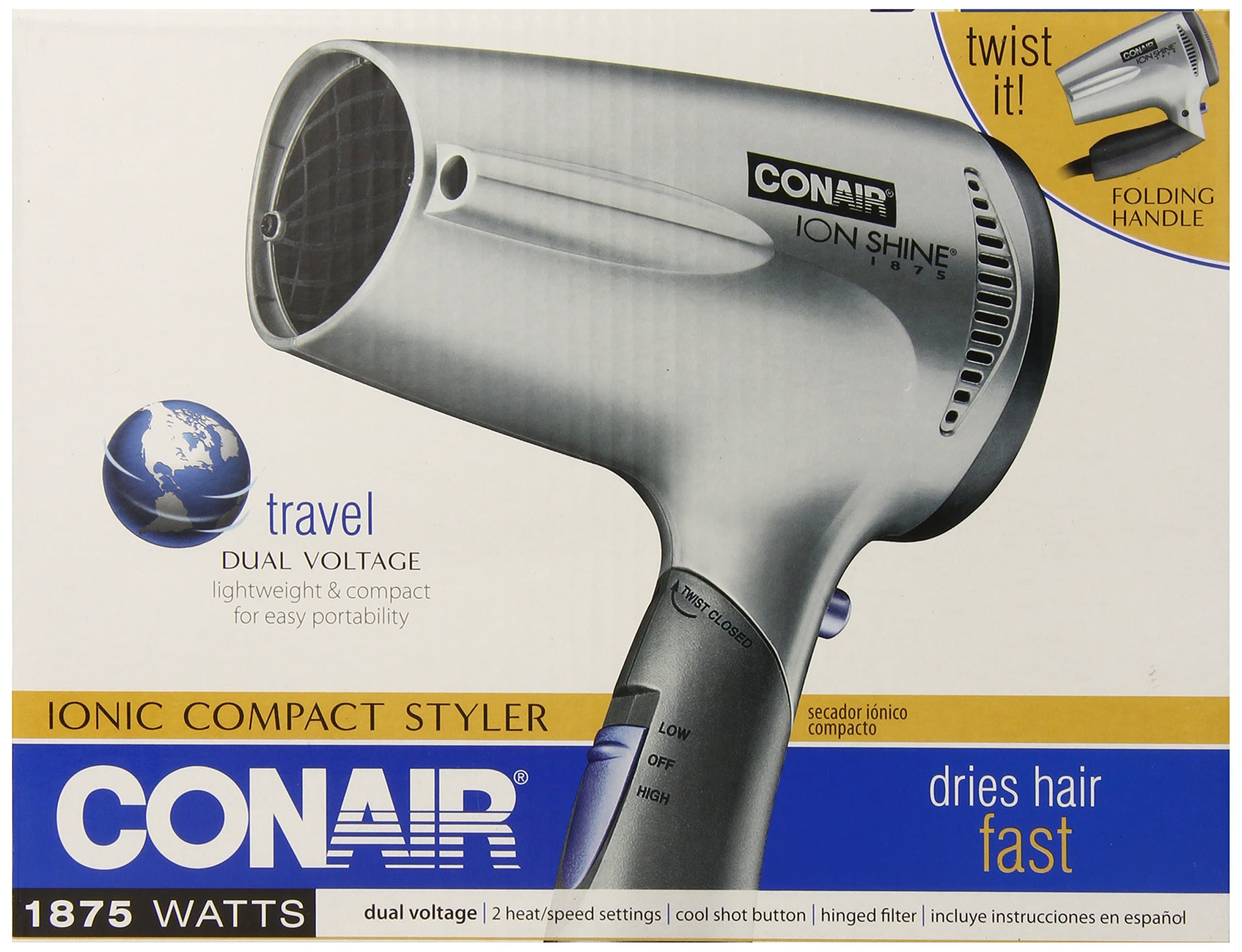 Conair 1875 Watt Ionic Technology Twist Folding Handle Hair Dryer