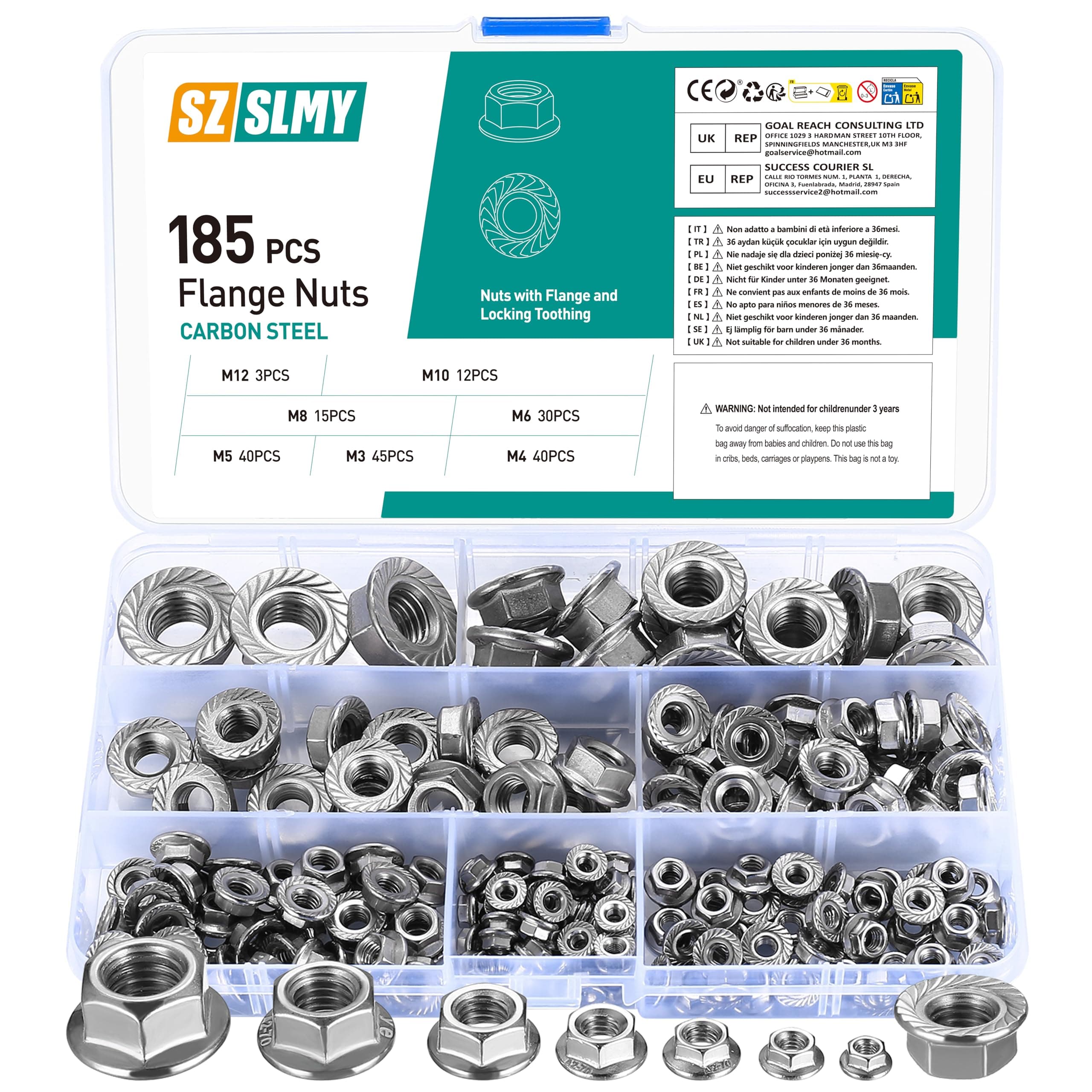 185 Pcs Hex Flange Nuts, Serrated Flange Hex Nuts, Serrated Flange Nuts, Flanged Lock Nuts, Stainless Steel Serrated Nut, Universal Locknuts for Furniture Construction, M3 M4 M5 M6 M8 M10 M12