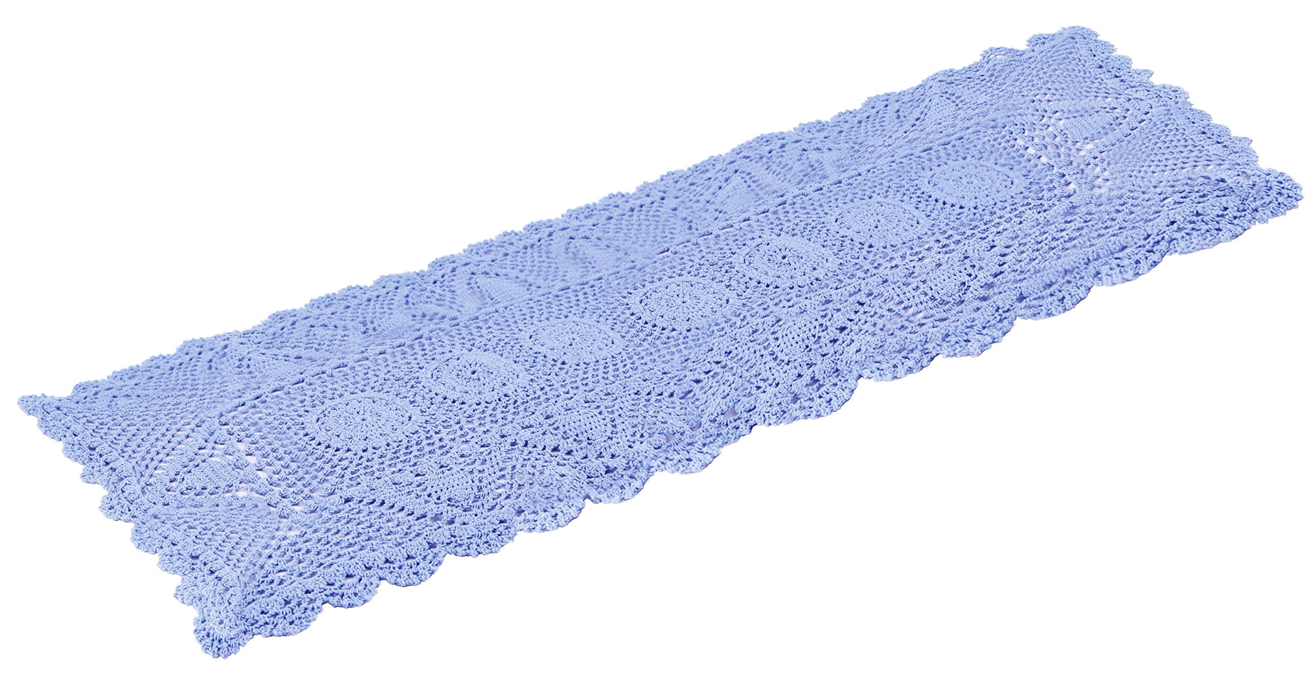Exquisite Handmade Crochet Lace Table Runner Placement, Sized -16 X 63 Inches, Light Blue Color.