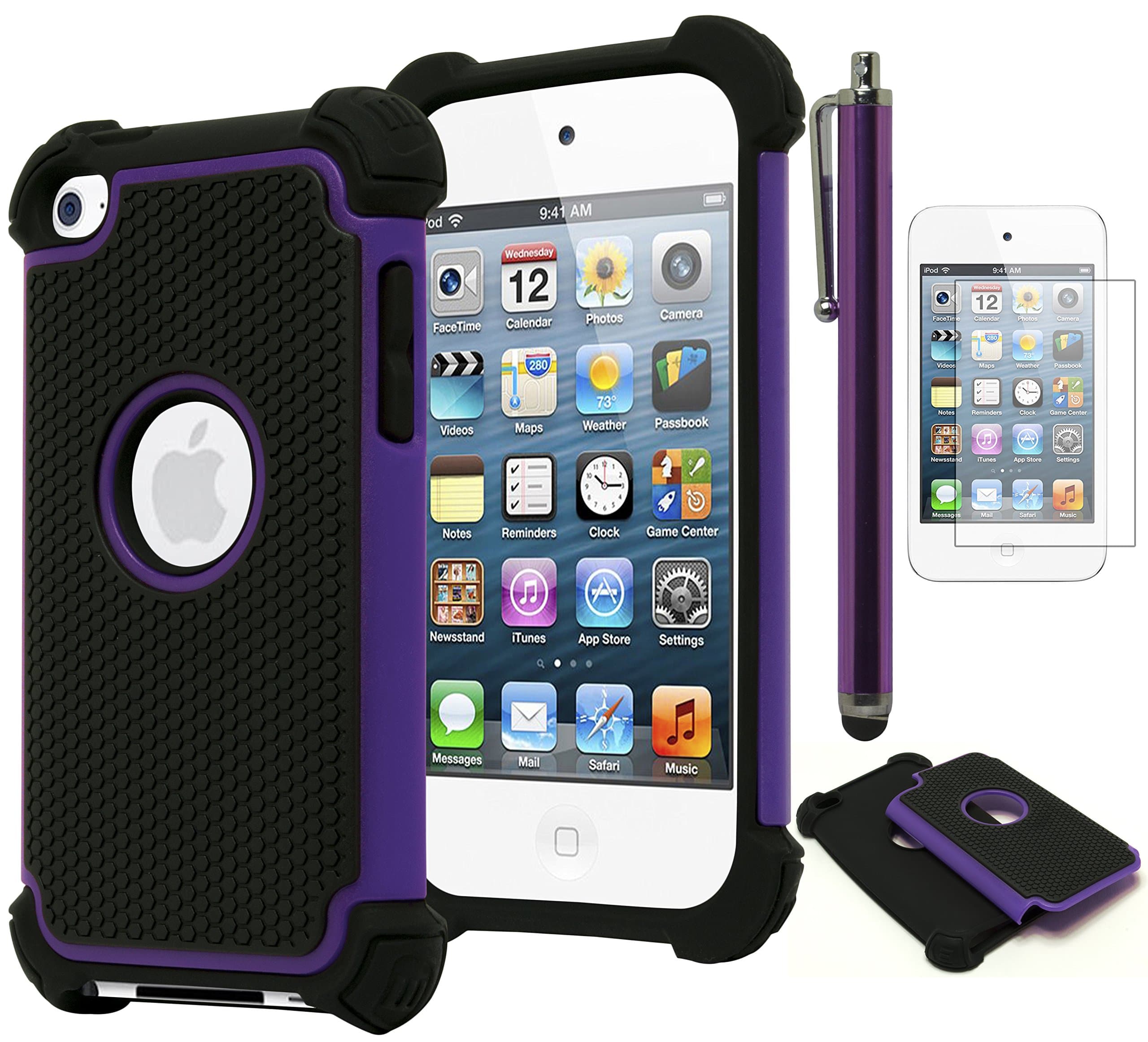 Bastex Hybrid Armor Case for Apple iPod Touch 4, 4th Generation - Purple+Black **Includes Screen Protector and Stylus**