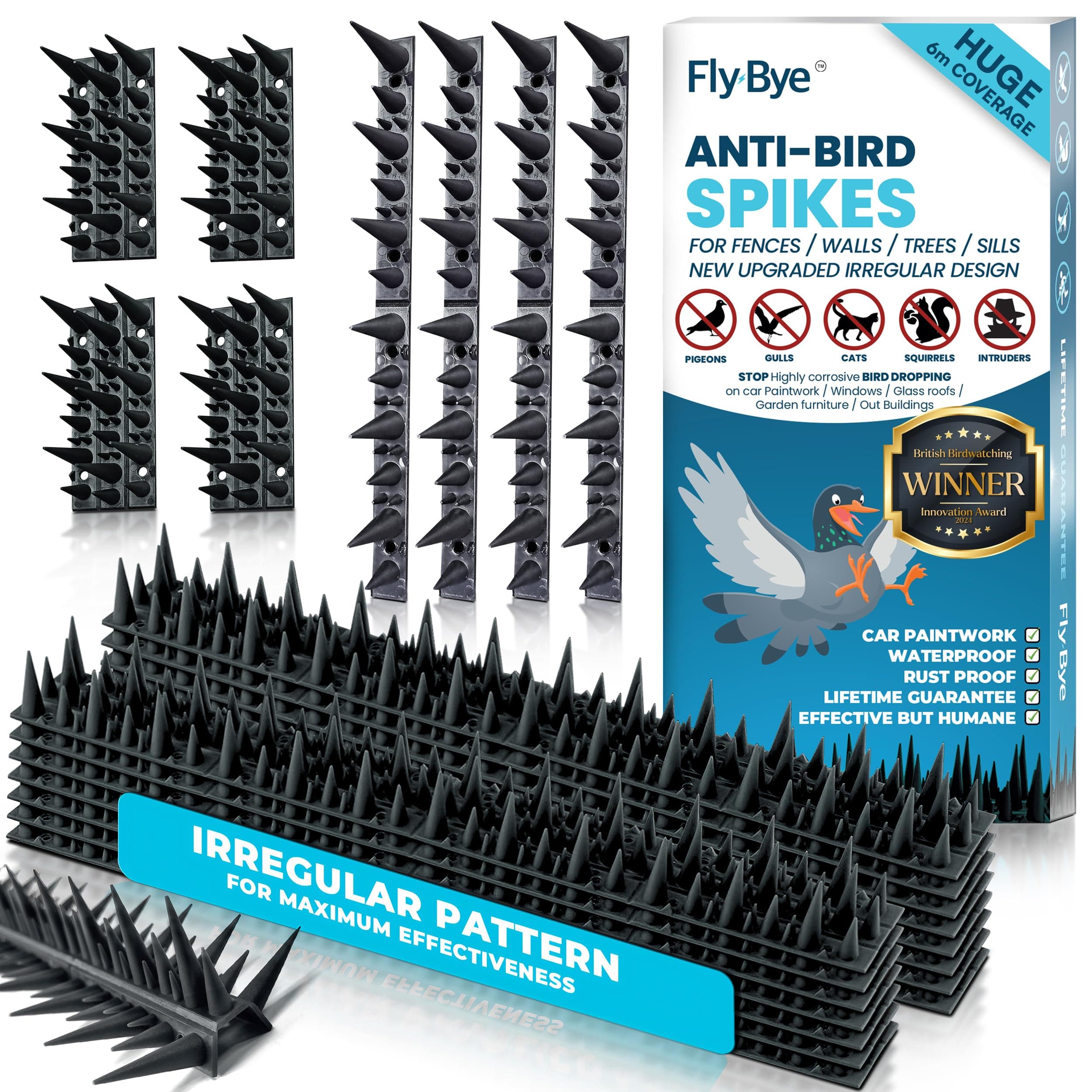 Fly-Bye Anti Bird Spikes - Huge 6m Coverage with 1300 Spikes - Pigeon Deterrent - Wall & Fence Spikes for Cats & Birds - Anti Pigeon Spikes - Upgraded Irregular Pattern Bird Spikes for Pigeons