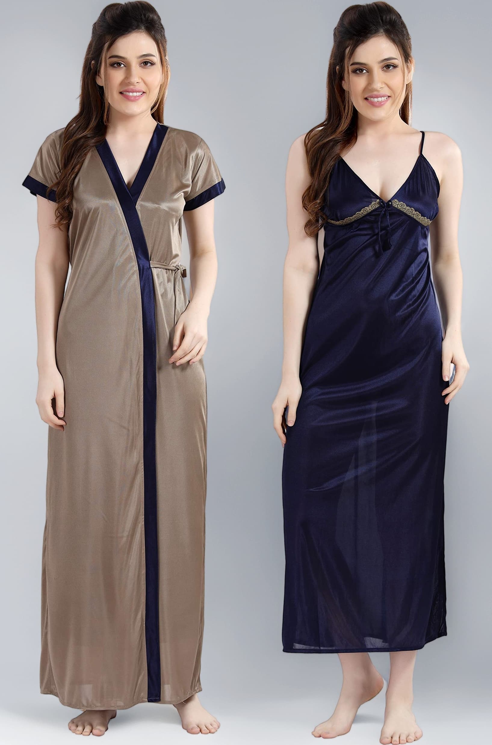 AV2 Women's Satin Solid Knee Length Nighty with Robe