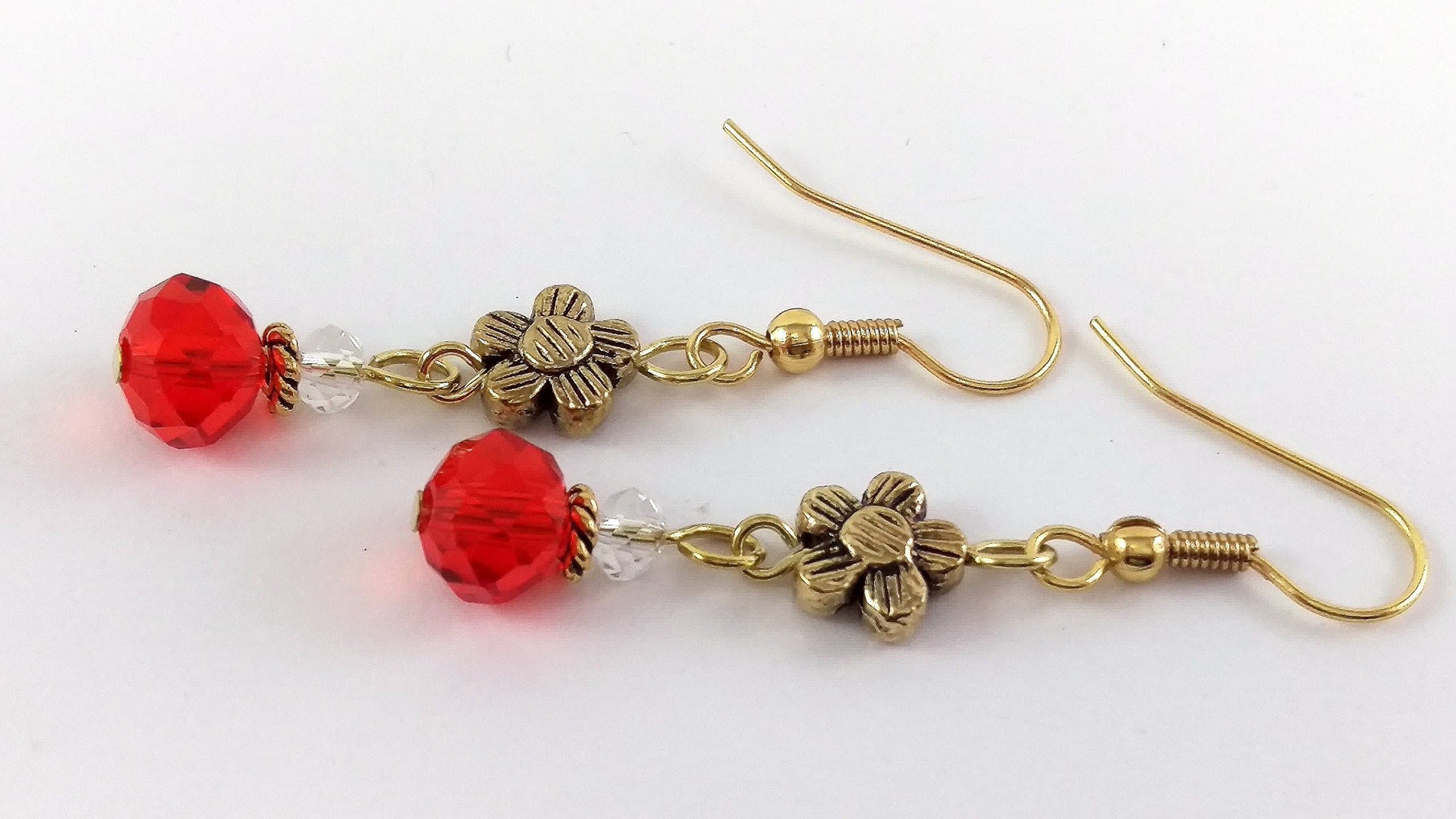 Red Glass Beaded Dangle Floral Earrings