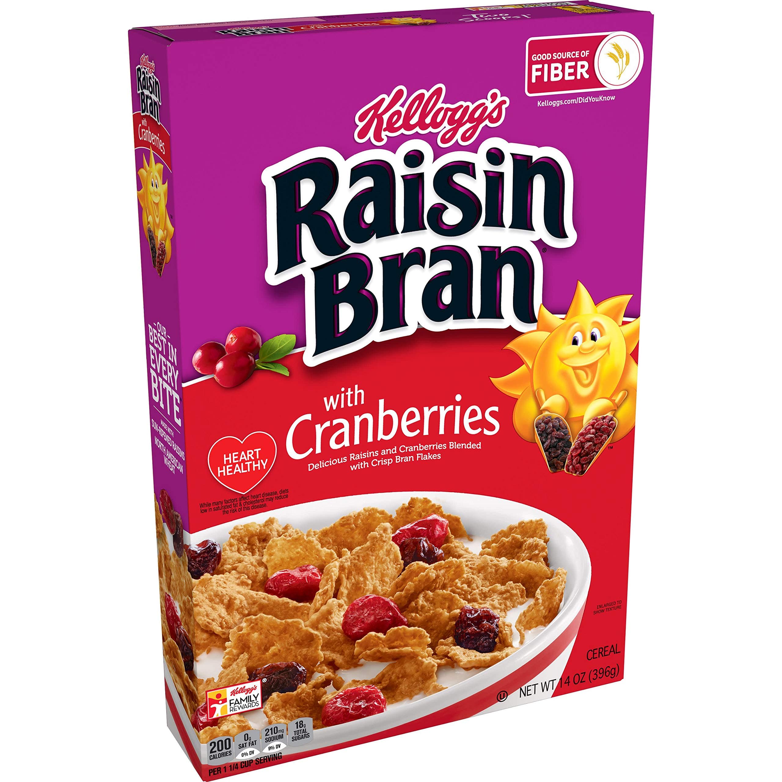 Kellogg's Raisin Bran, Breakfast Cereal, Original with Cranberries, Good Source of Fiber, 14oz Box