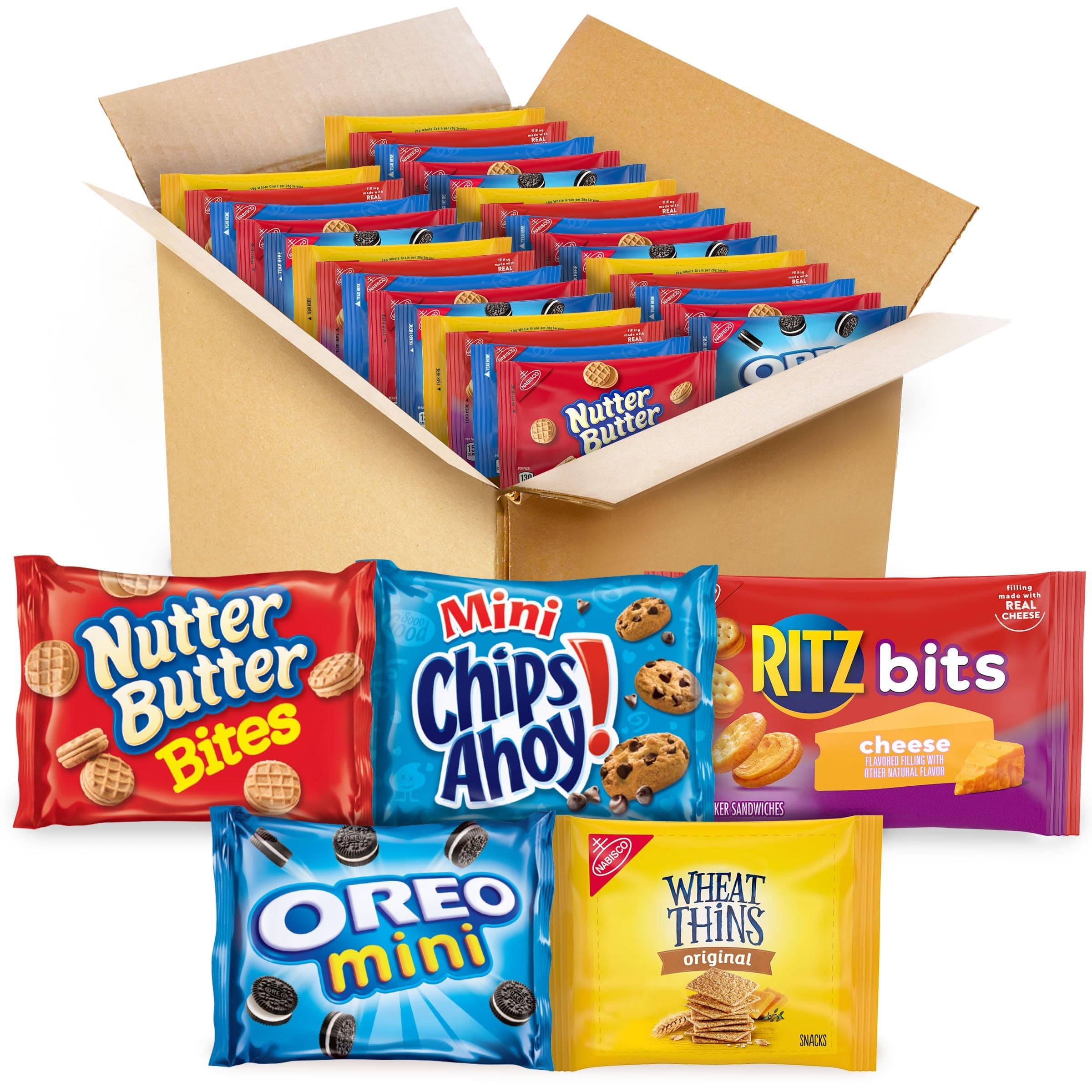 - OREO Mini Cookies, Mini CHIPS AHOY! Cookies, RITZ Bits Cheese Crackers, Nutter Butter Bites & Wheat Thins Crackers, Nabisco Cookie & Cracker Variety Pack, 50 Snack Packs