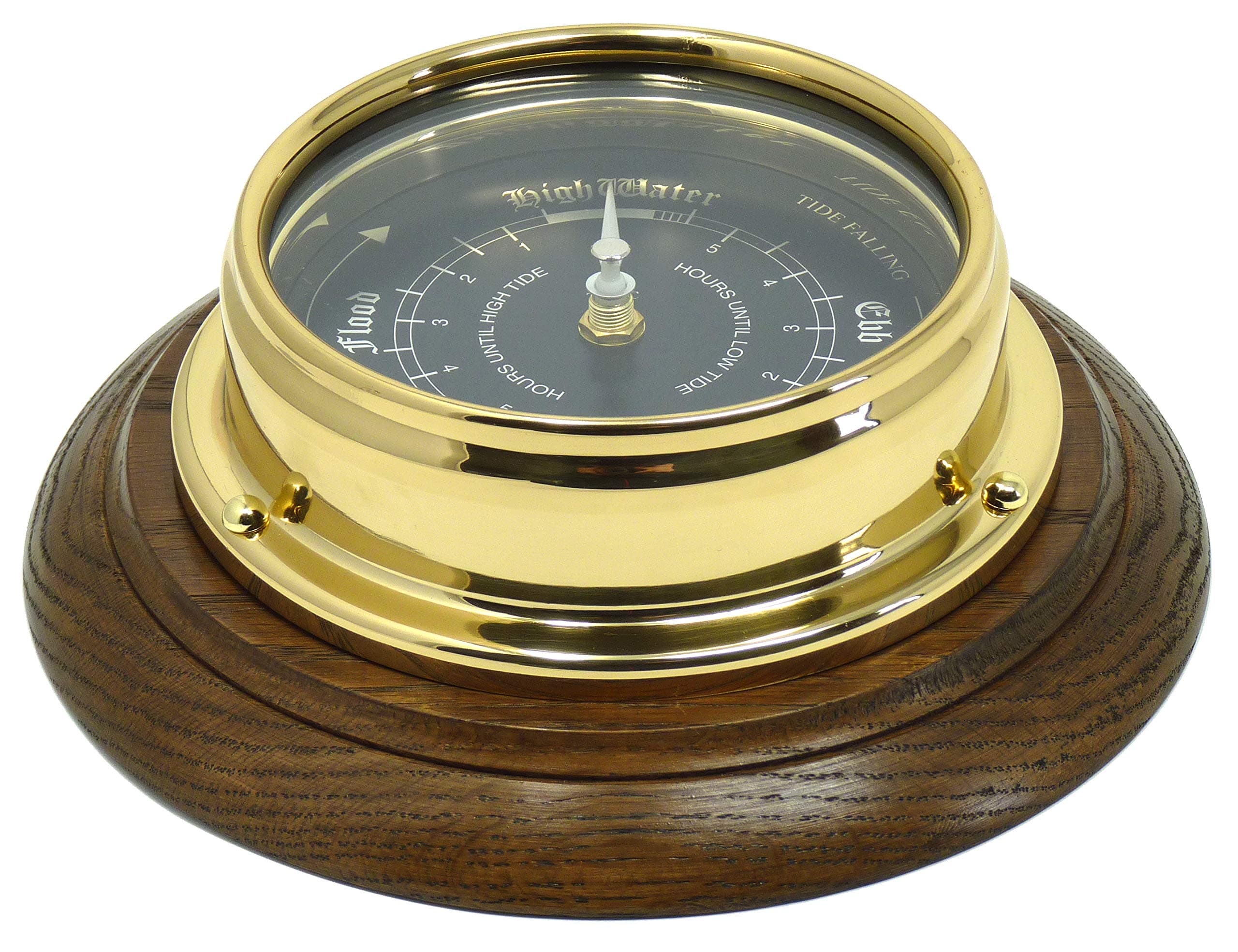 TabicPrestige Brass Tideclock With Jet Black Dial, Mounted On a Solid English Oak Mount, Handmade in England