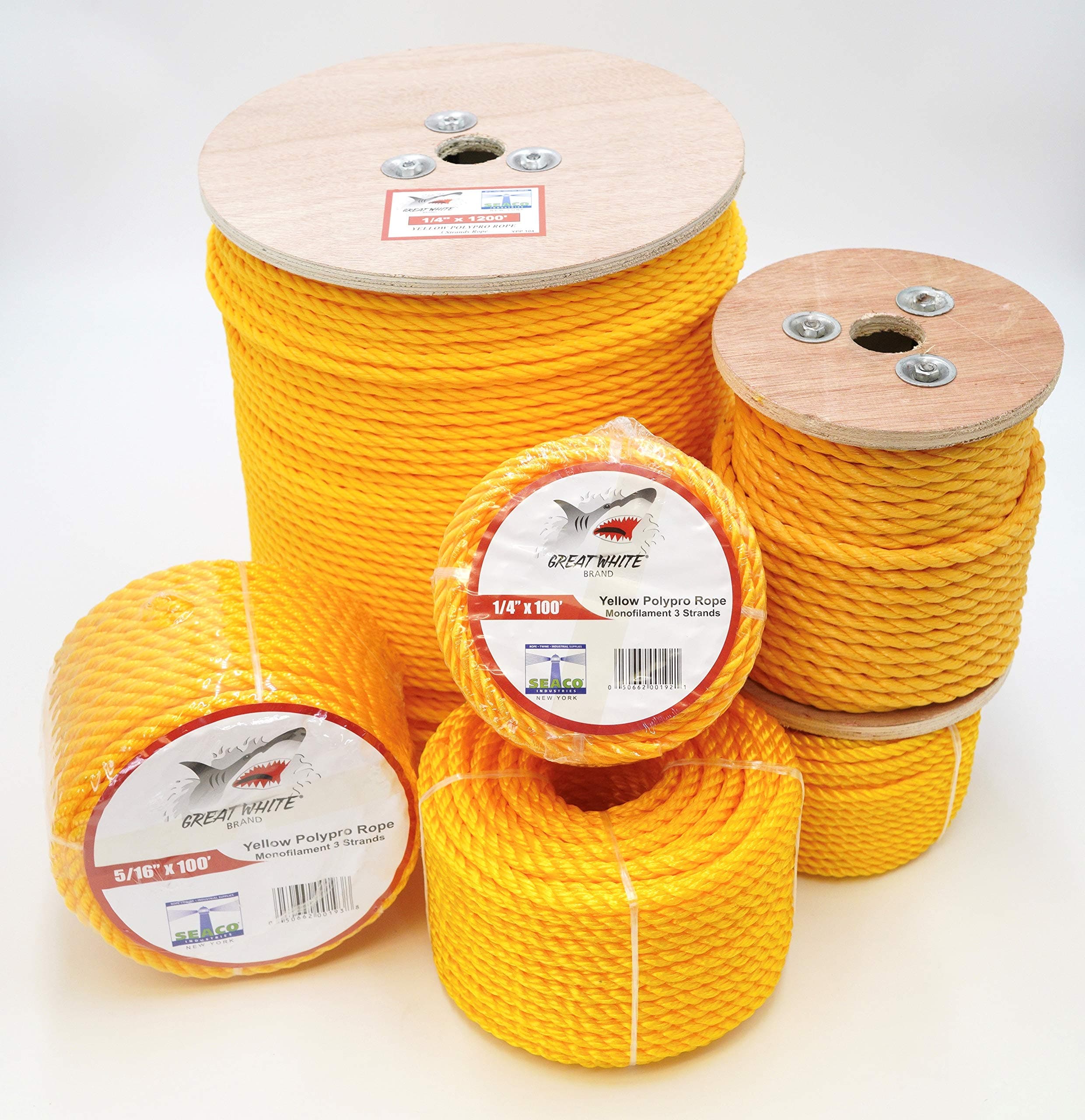Great White Yellow Poly Pro Rope, 1/4" x 600’ Twisted, Polypropylene Line, Marine, Nautical, Home, Industrial, Resists Moisture, Chemicals, Oil. Floats, Strong, Stretch Resistant