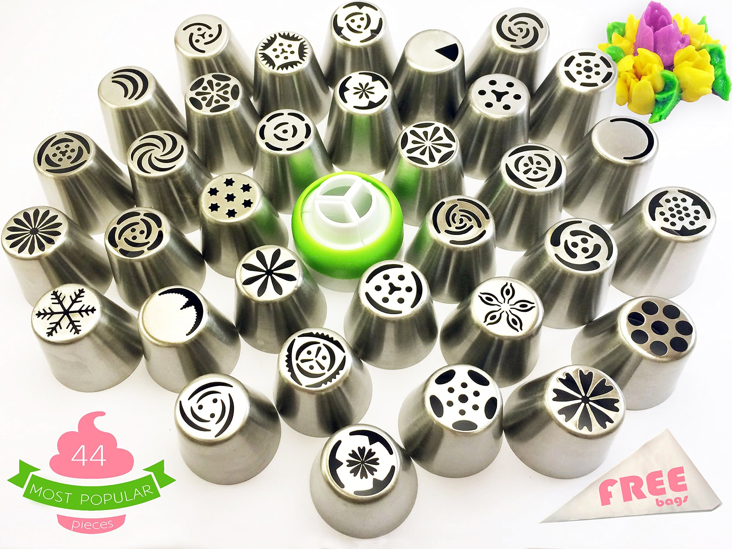 Russian Piping Tips Complete Set - 44 pcs/set - Professional Stainless Steel Large Icing Nozzles for Cake Cupcake Tart Cookie Flower Decorating by VISUON Home