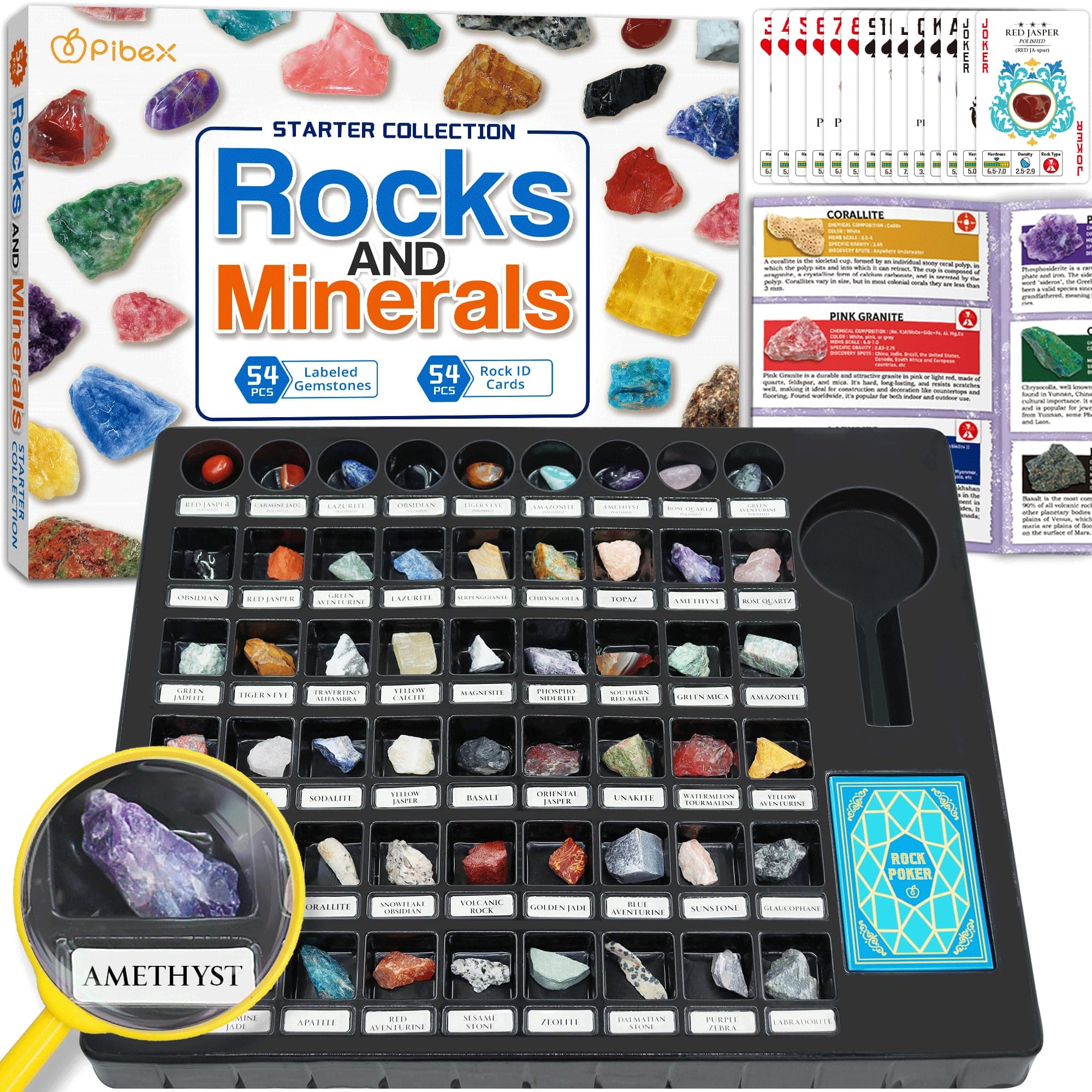Rock Collection Starter Kit - 54 Pcs Assorted Gemstones, Crystals, Rocks & Minerals, with Learning Book & ID Cards, Earth Science Kit Toy, A Geology Gift for Kids & Adults Ages 8+