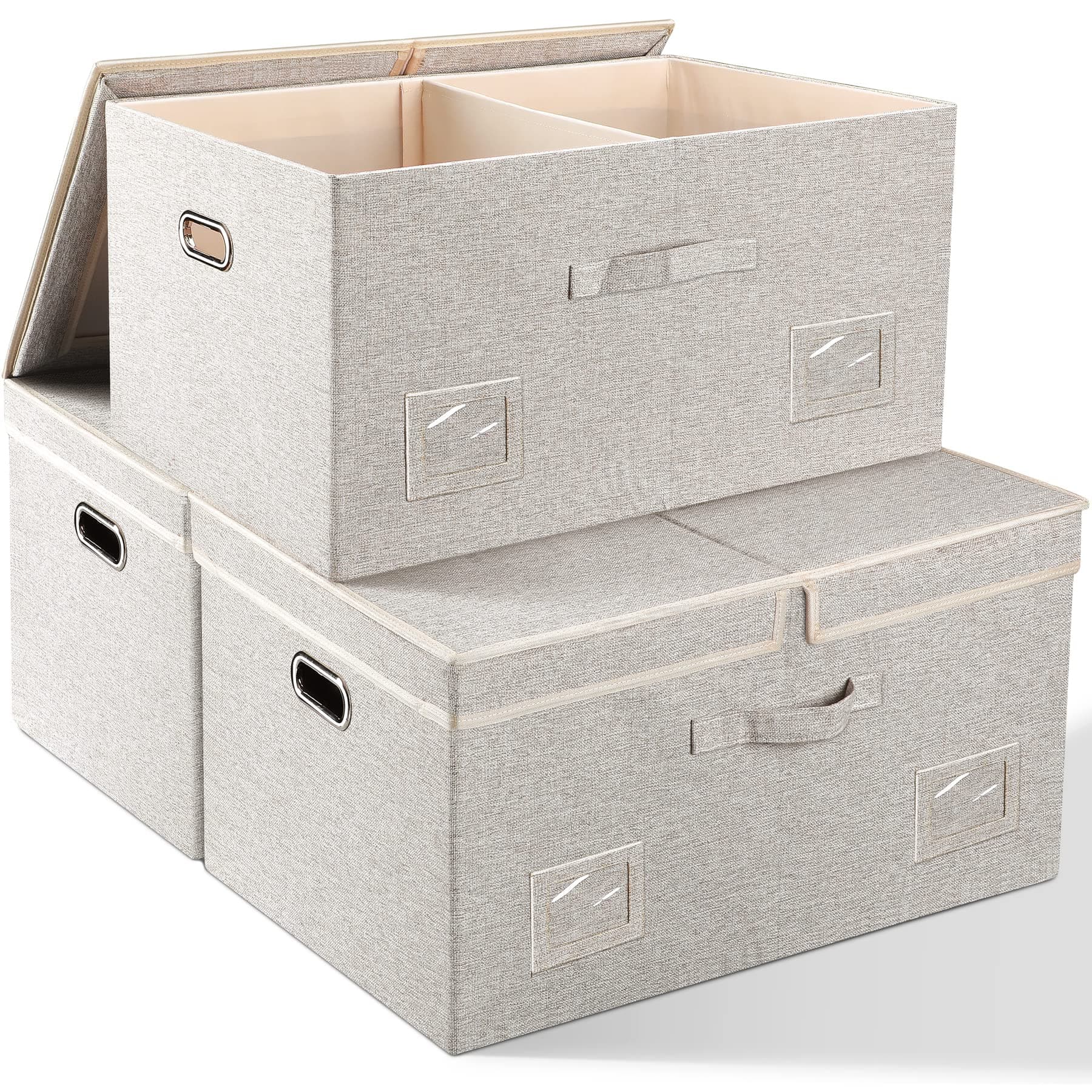 75 Quarts Extra Large Decorative Storage Bins with Lids, 3 Packs Beige Collapsible Storage Bins with Lids, Stackable Storage Bins Decorative Box Storage With Lid Extra Large