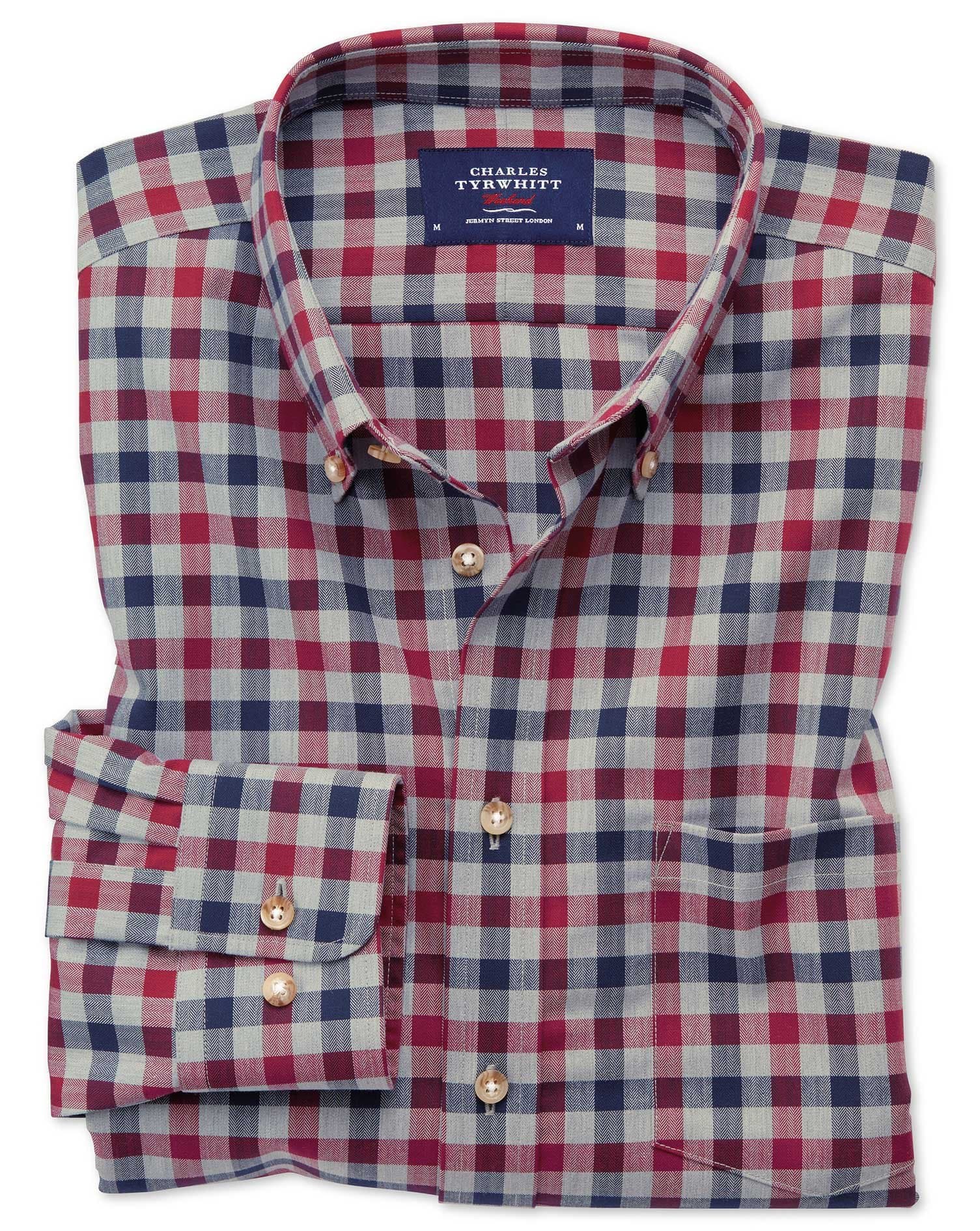 Classic Fit Button-Down Non-Iron Twill Red and Navy Gingham Cotton Shirt Single Cuff by Charles Tyrwhitt