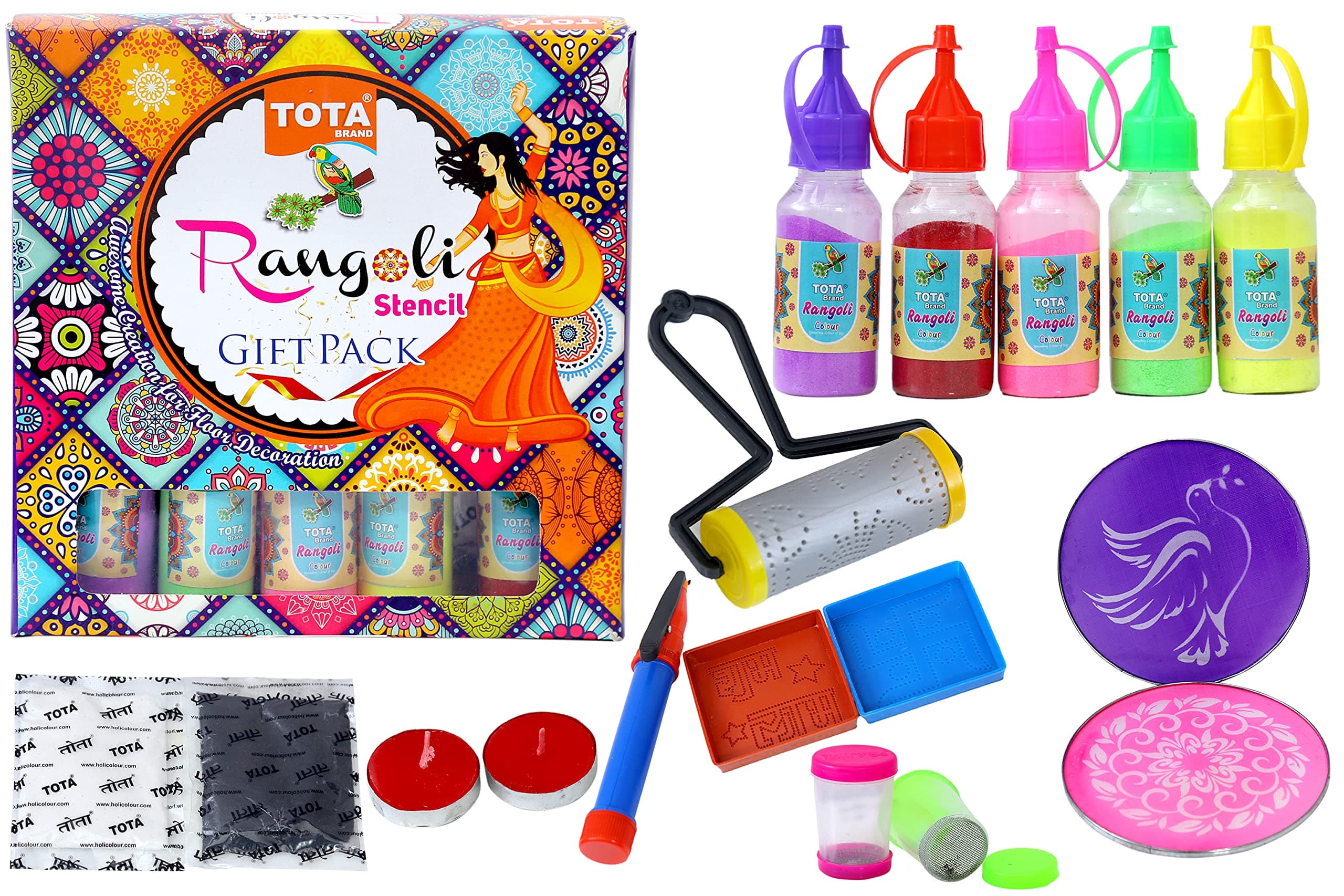 TOTA Rangoli Gift Pack with Latest Squeeze Bottles Rangoli Tool Kit with 7 Different Kolam Colours + Rangoli Stencils Set + Rangoli Roller + Rangoli Pen + Diwali Candles