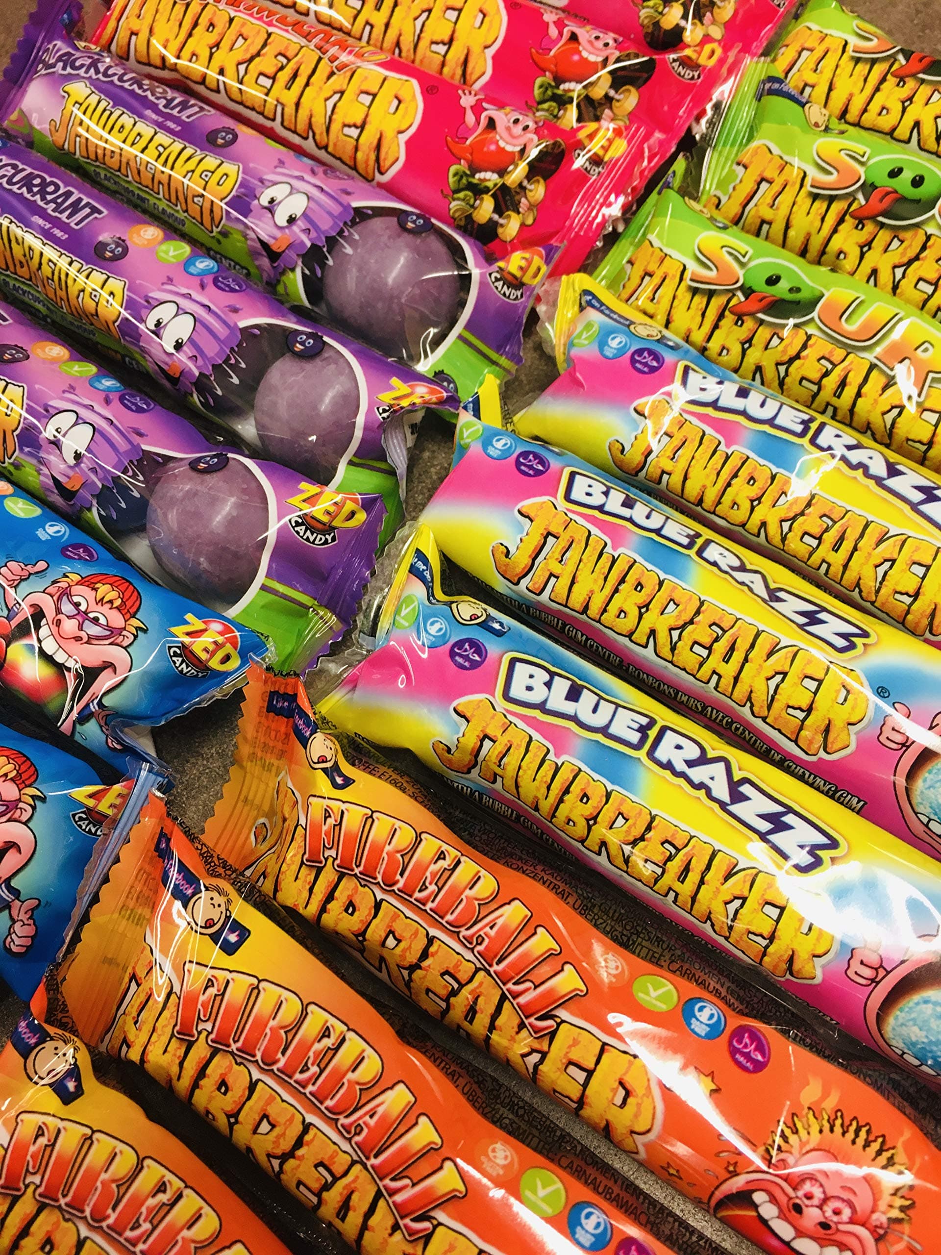 Jawbreaker Selection Multi Pack - 18 Packs ( 72 Jawbreakers in Total) Tropical - Fireball - Blackcurrant - Blue Jazz - Strawberry - Sour - Jawbusters - Gluten Free - Dairy Free - Vegetarian