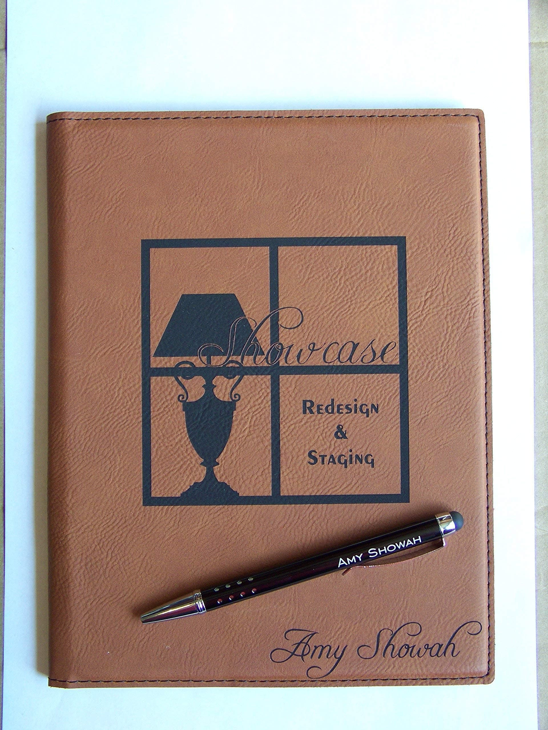 Engraved 7 inch by 9 inch Brown Leather Padfolio with Personalized Pen