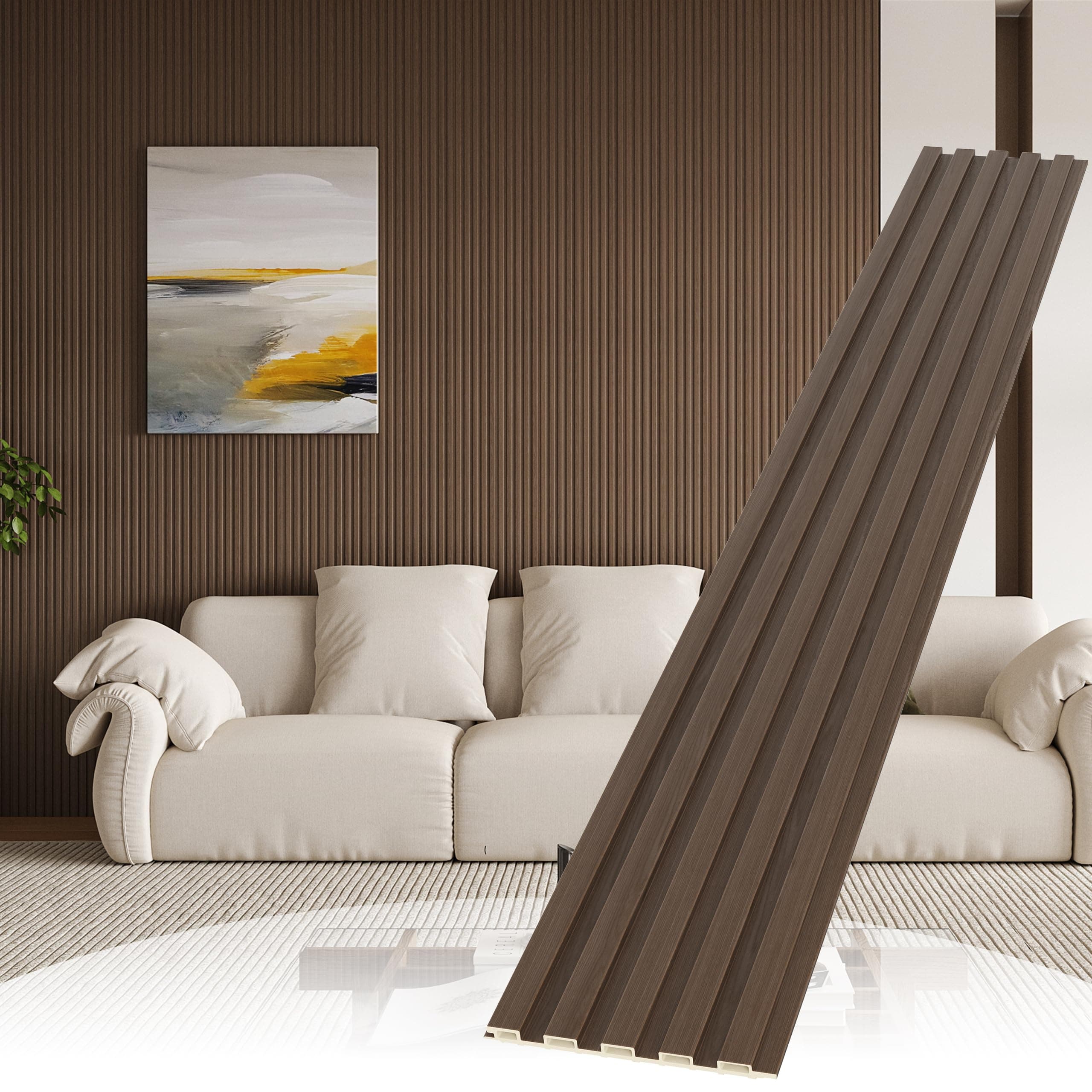 POHARE WPC Slat Wall Paneling, 8-Pack 3D WPC Wood Wall Panels, Acoustic Wall Panels for Interior Wall Decor, Living Room, Bedroom, Walnut, 95 x 6 in