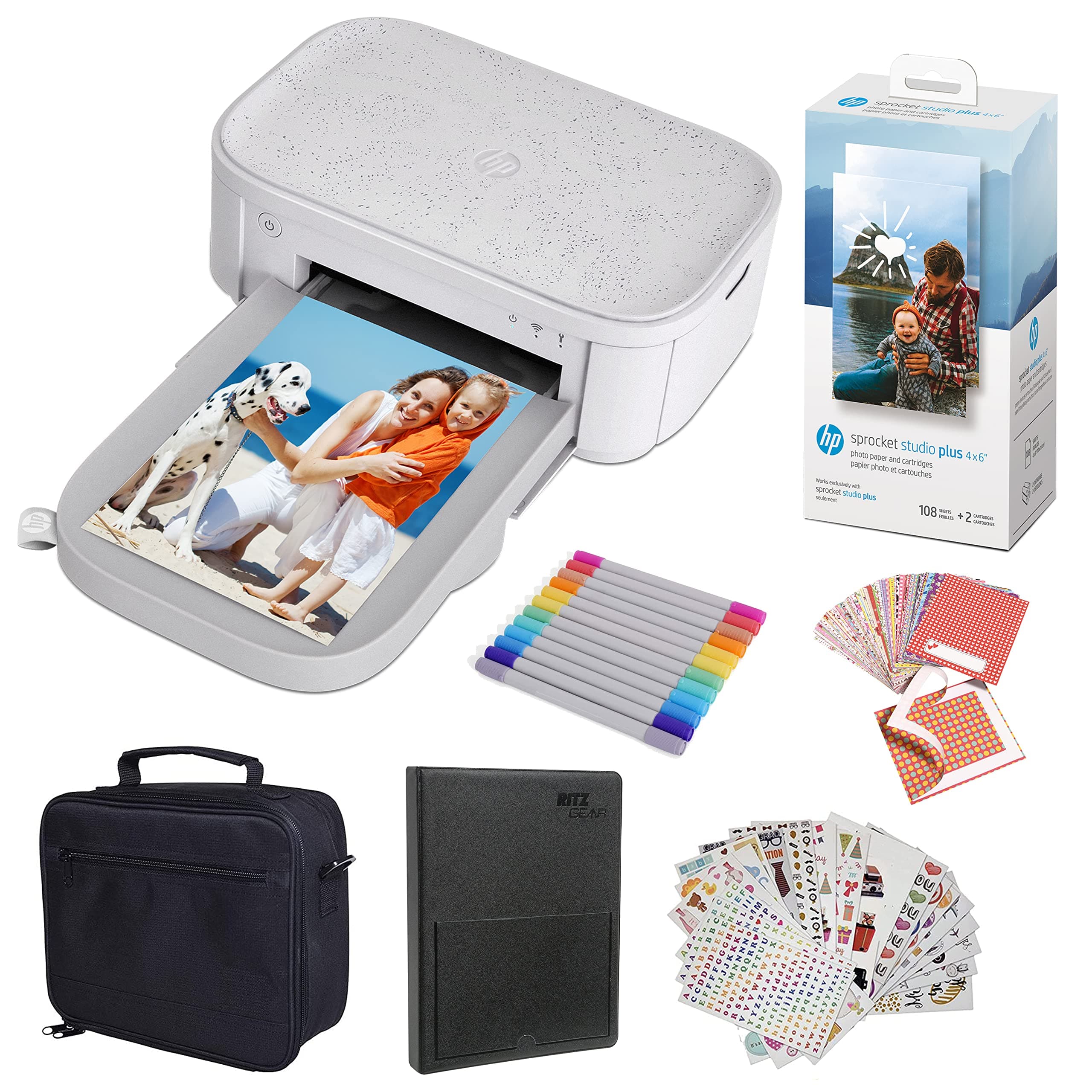 HP Sprocket Studio Plus 4x6” Instant Photo Printer – Bundle: Photo Album, Markers, Photo Paper, and Stickers.,White