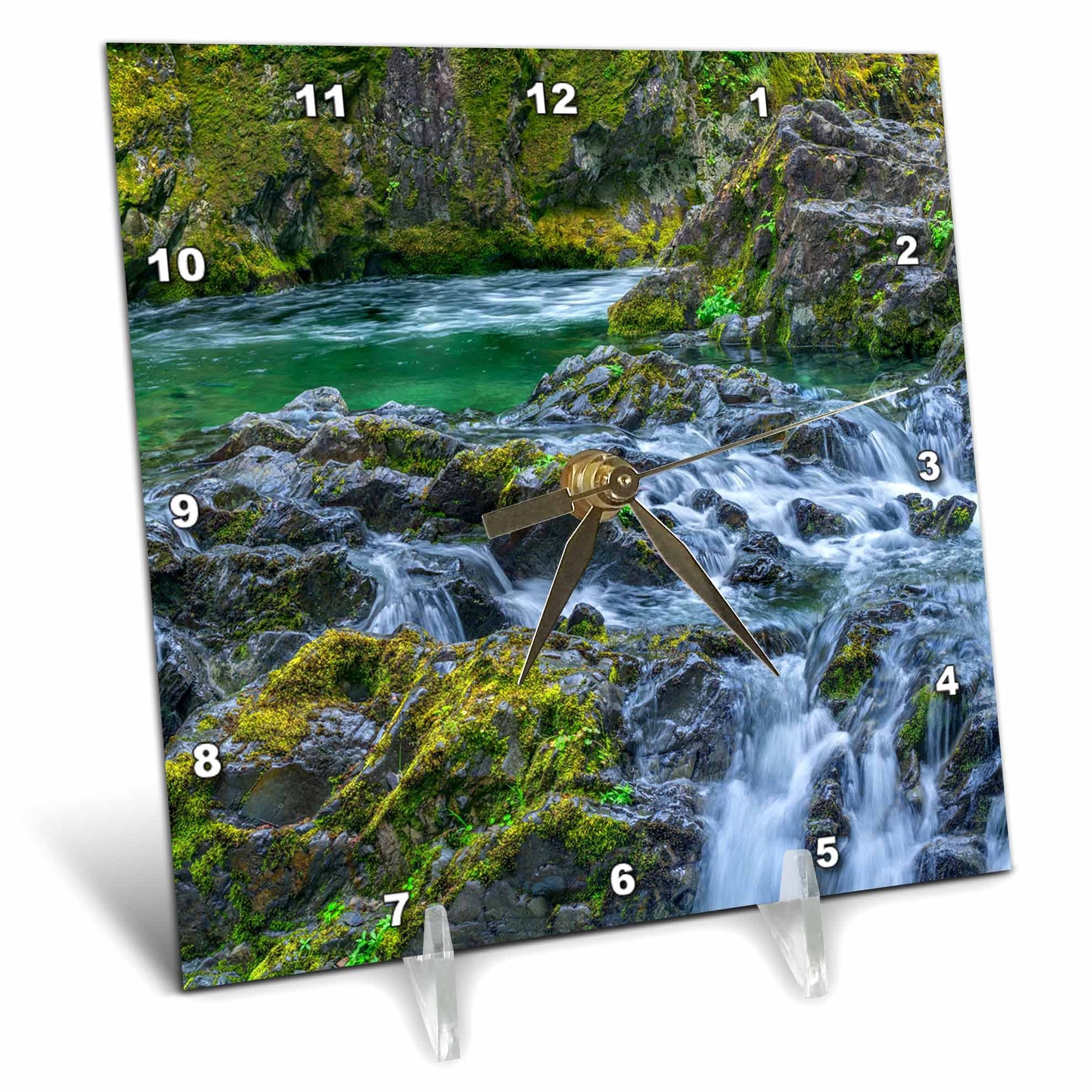 3dRose 6x6 Desk Clock - Oregon, Willamette NF, Multiple Small Falls of Opal Creek. Waterfalls