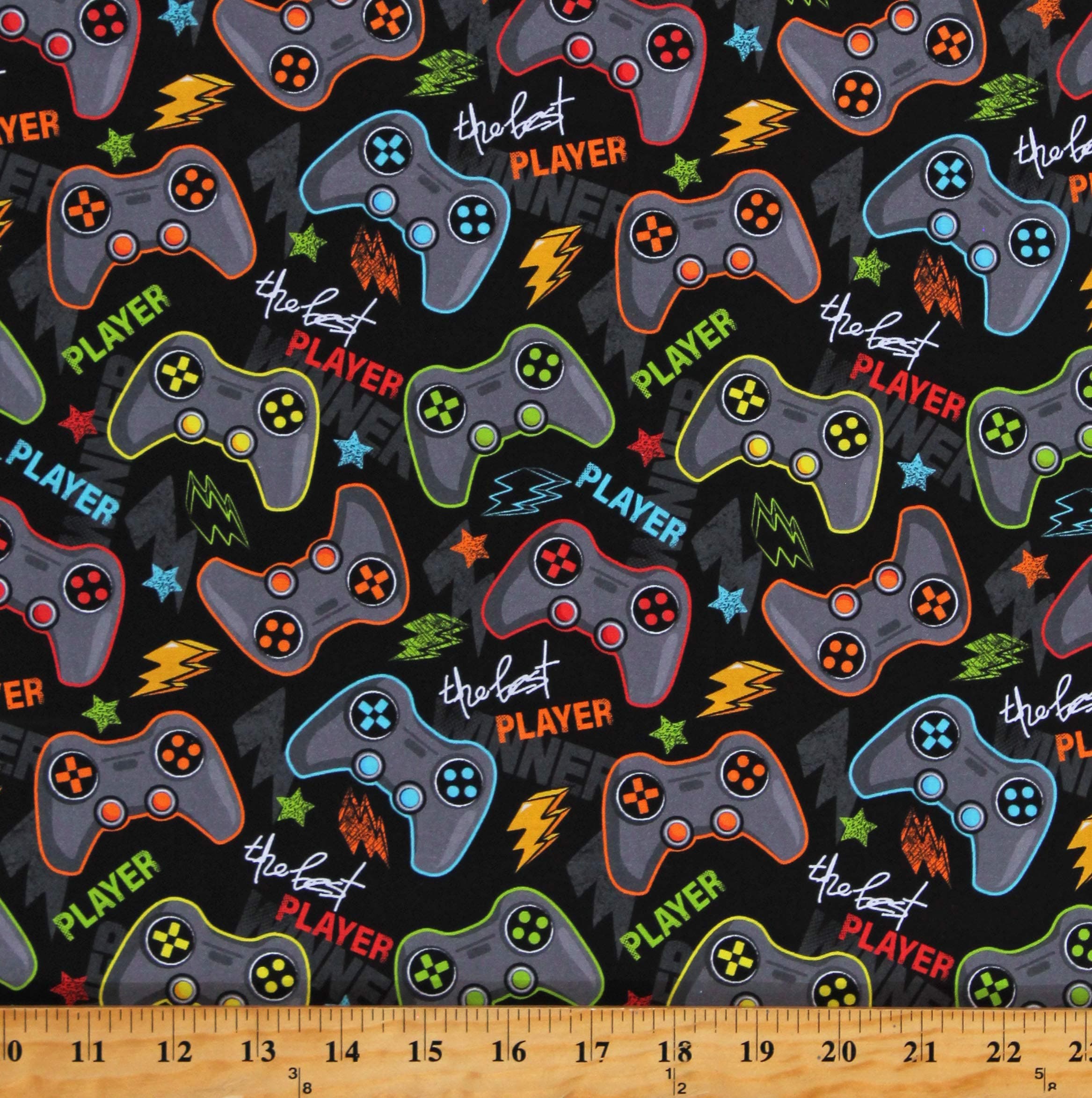 Fields FABRICS Cotton Gaming Controllers Videogames Player Gadgets Technology Kids Black Cotton Fabric Print by The Yard (D302.45), 44 Inches