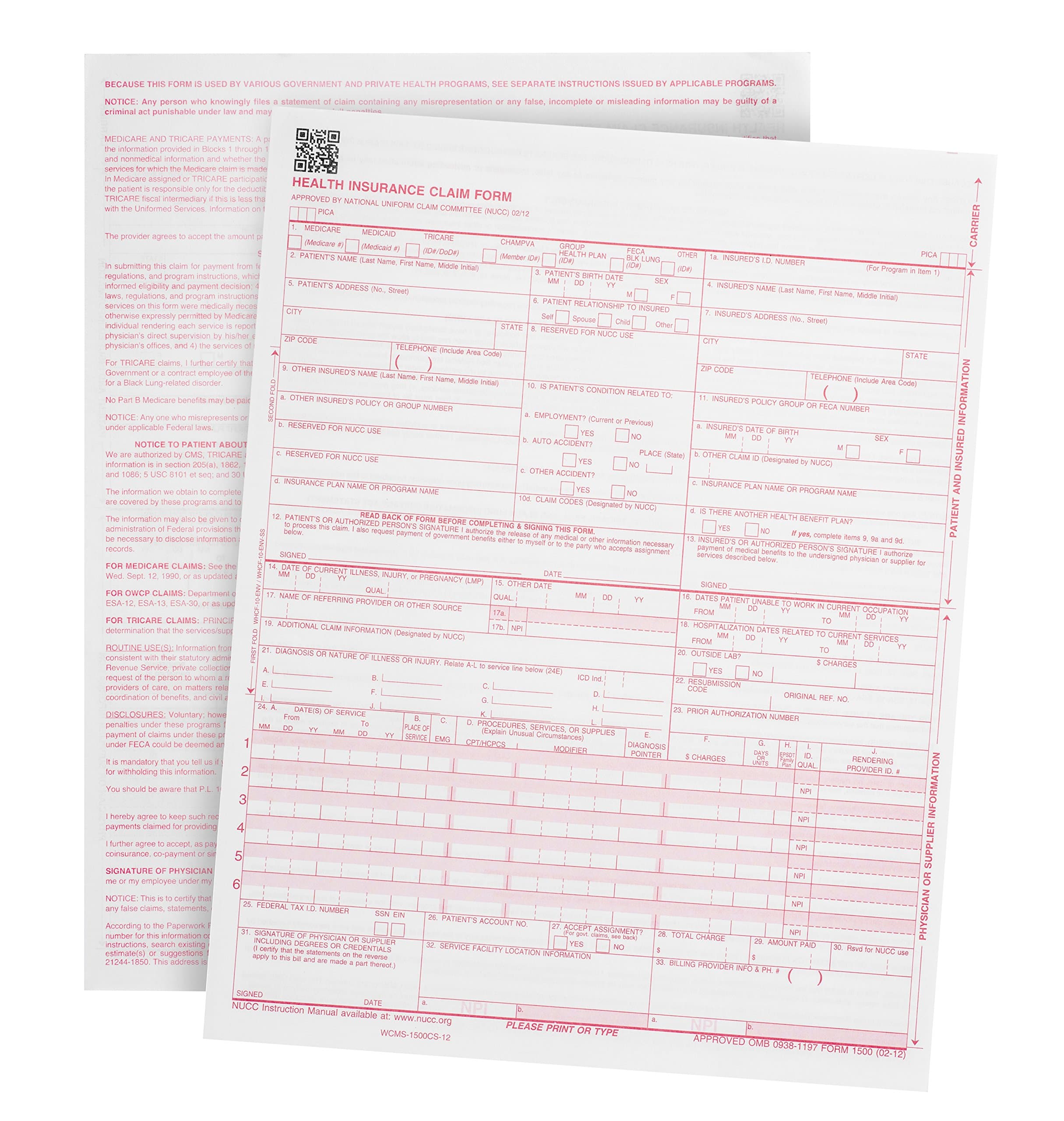 500 CMS 1500 Claim Forms, Current HCFA 02/2012 New Version Valid for HCFA 1500 Claim Forms 2024 and 2025, Line Up with Billing Software, Laser Compatible