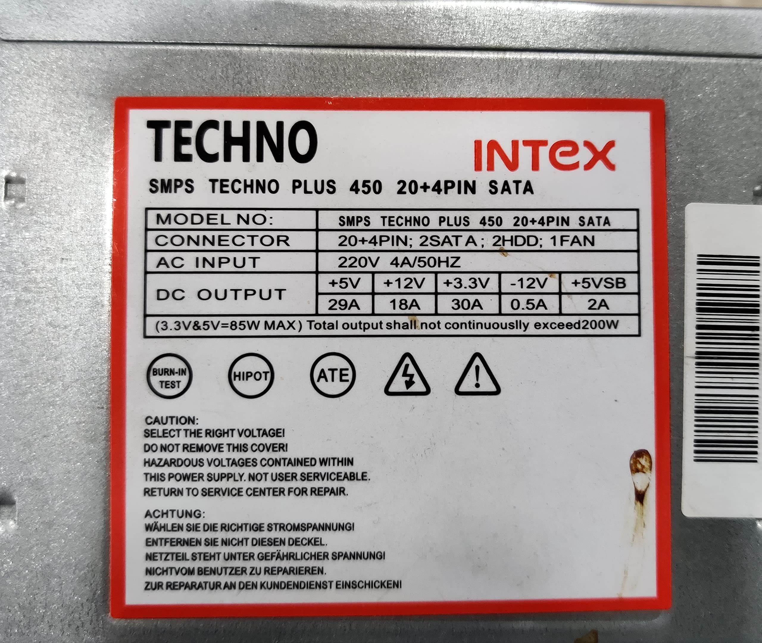 Intex SMPS Techno 450 20 + 4pin Sata