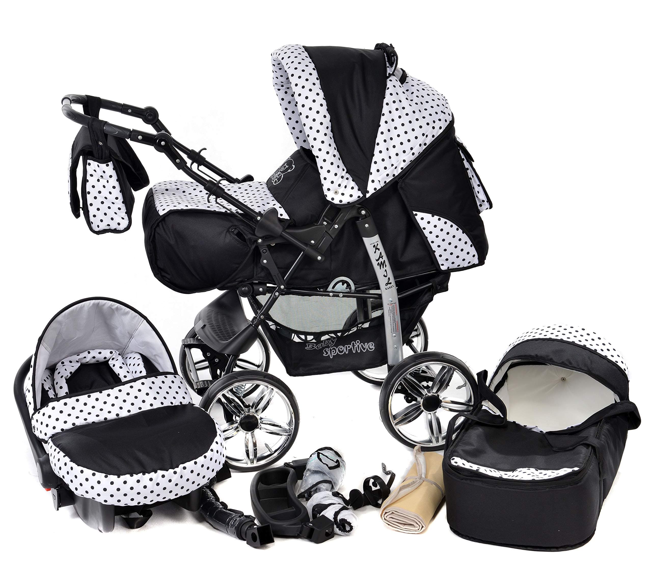 Kamil, Classic 3-in-1 Travel System with 4 Static (Fixed) Wheels incl. Baby Pram, Car Seat, Pushchair & Accessories (3-in-1 Travel System, Black & Black Polka Dots)