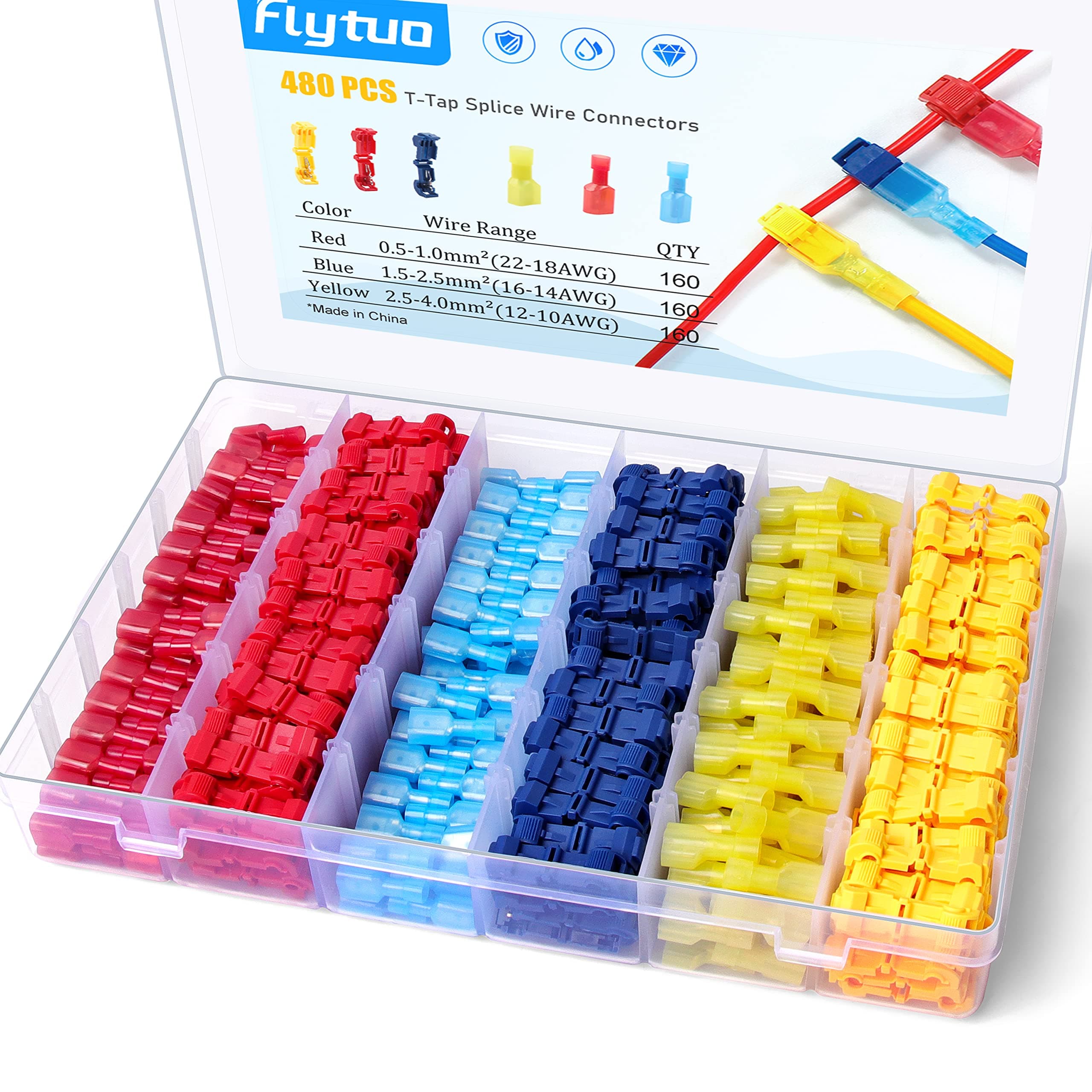 480PCS T-Tap Wire Connectors, Self-Stripping Quick Splice Electrical Wire Terminals, Insulated Male Quick Disconnect Spade Terminals Assortment Kit