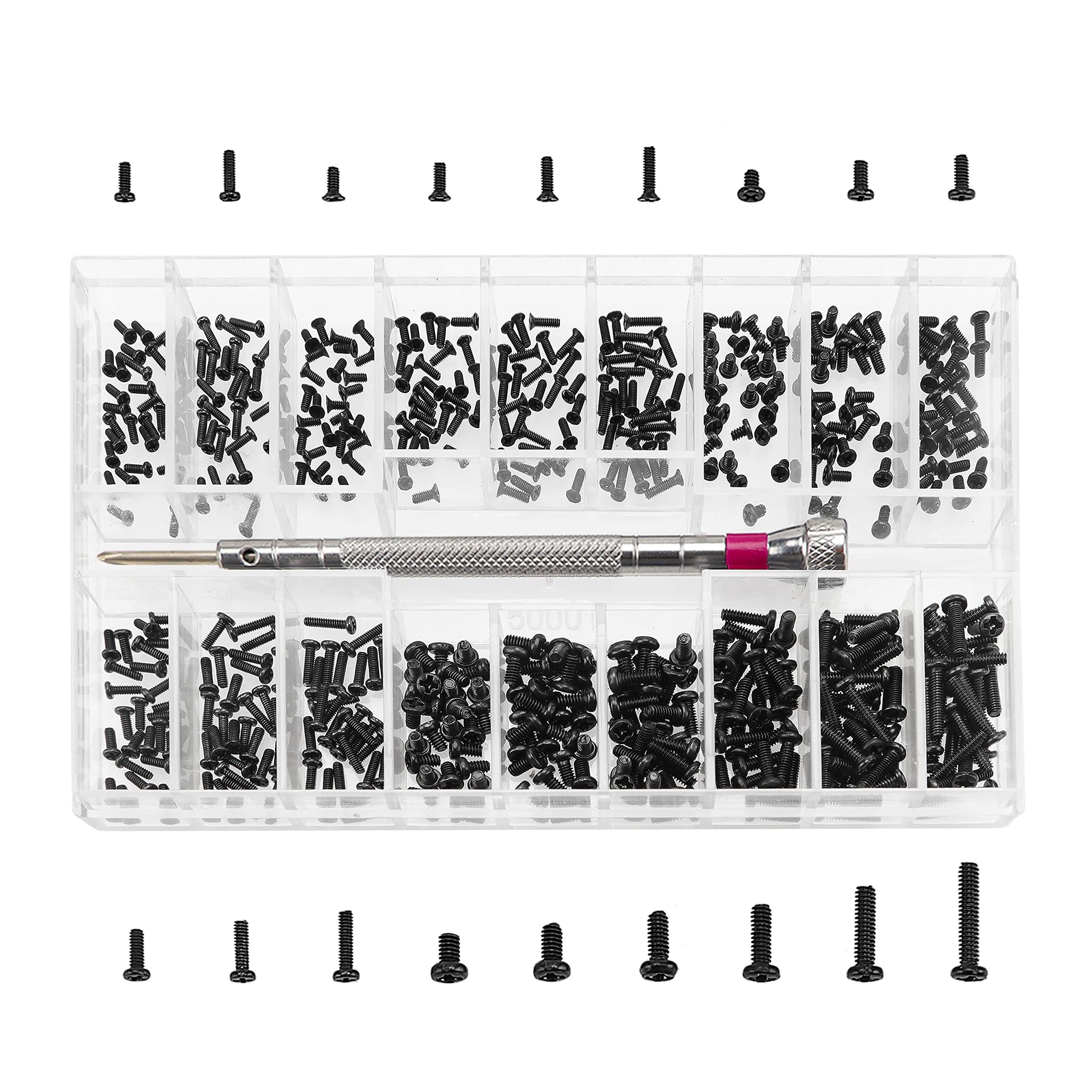 YIXISI 500Pcs Tiny Micro Repair Screw Kit, 18 Sizes Small Stainless Steel Screws with Screwdriver, M1.2 M1.4 M2 Watch Glasses Set Screws for Computer Replacement Black