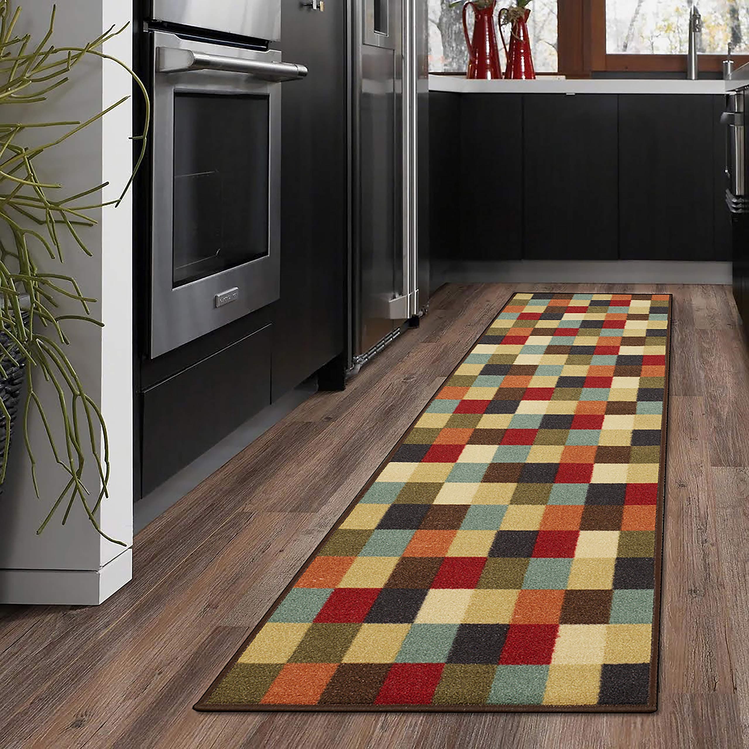 (0.3m X 2.1m, Multicolor Checkered) - Ottomanson Ottohome Collection Contemporary Chequered Design Non-Skid Rubber Backing Modern Area Rug, 0.3m X 2.1m, Multicolor