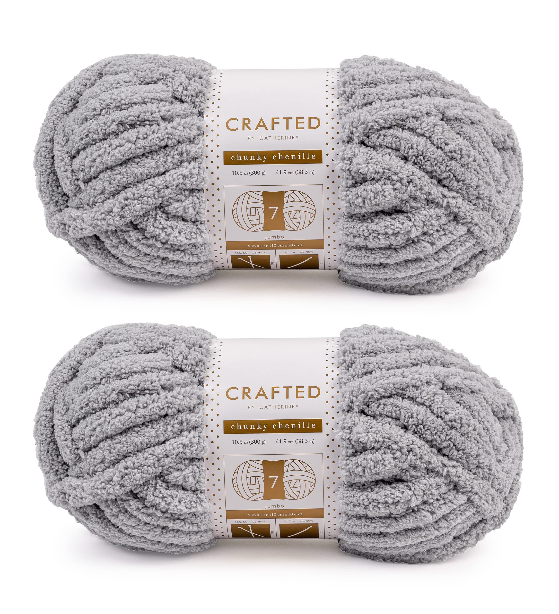 Crafted by CatherineChunky Chenille Yarn - 2 Pack (41 Yards Each Skein), Light Grey, Gauge 7 Jumbo