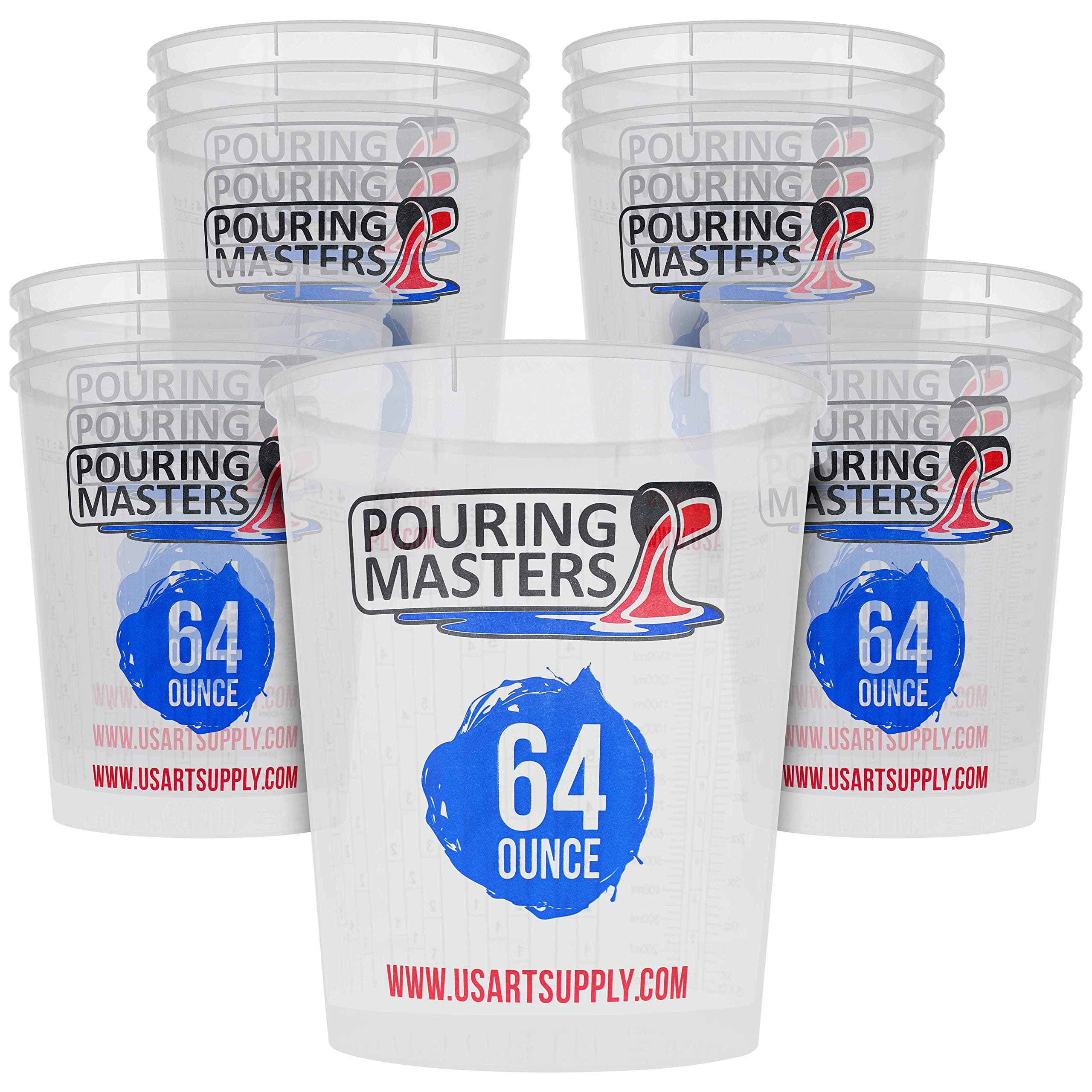Pouring Masters 64 Ounce (2000ml) Graduated Plastic Mixing Cups (Box of 12) - Paint Mixing Cups for Epoxy Resin, Art, Kitchen, Baking - Measurements in OZ and ML, 4 Different Measuring Ratios 1:1