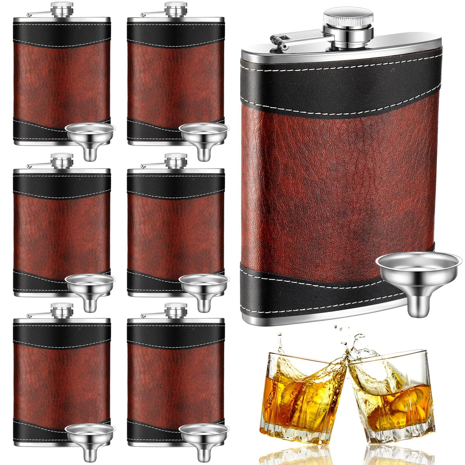 6 Set 8 oz Leather Hip Flasks for Liquor for Men Leak Proof Stainless Steel Drinking Flasks with Funnel Soft Wrap Whiskey Vessels for Wedding Bridesmaid Christmas Gifts (Brown)