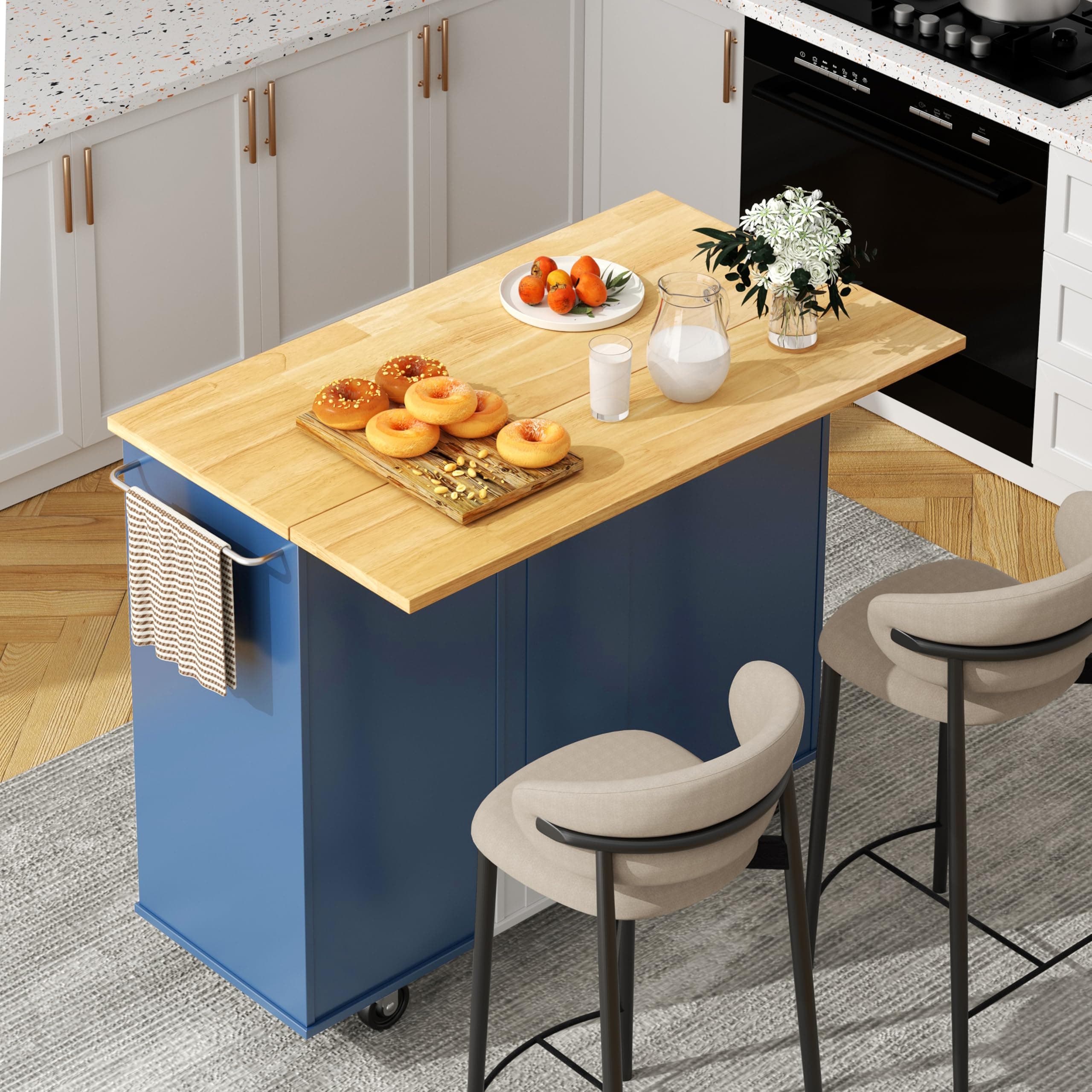Shintenchi Kitchen Island with Folding Drop Leaf, Rolling Island Table with Storage, Kitchen Cabinet on Wheels with Seating Area for Kitchen, Bar Cart with Cabinet, Blue