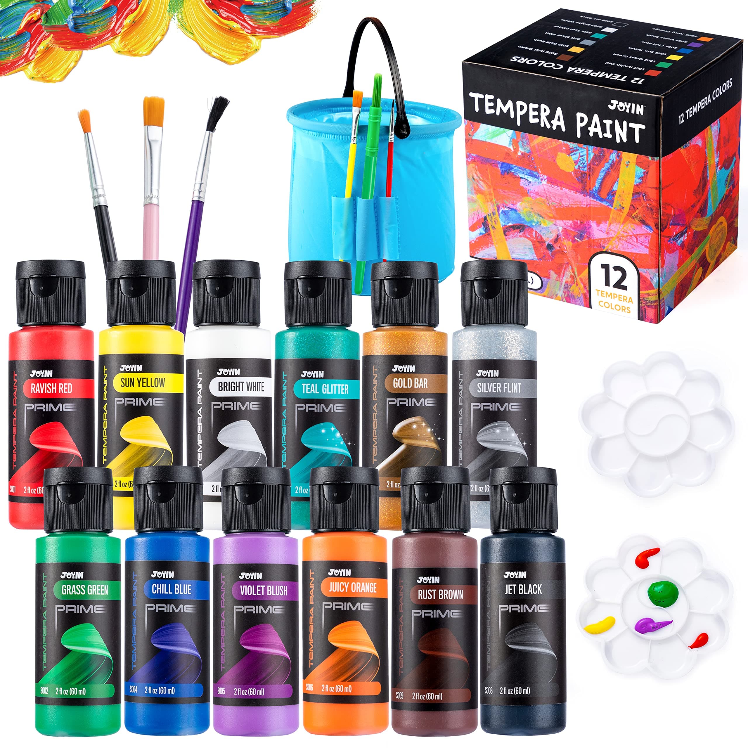 12PC Washable Kids Tempera Paint Set (2 oz Each), Liquid Poster Paint with 6 Brushes, 2 Palette & 1 Clean Bucket, Non-Toxic for Finger Painting, Hobby Painters