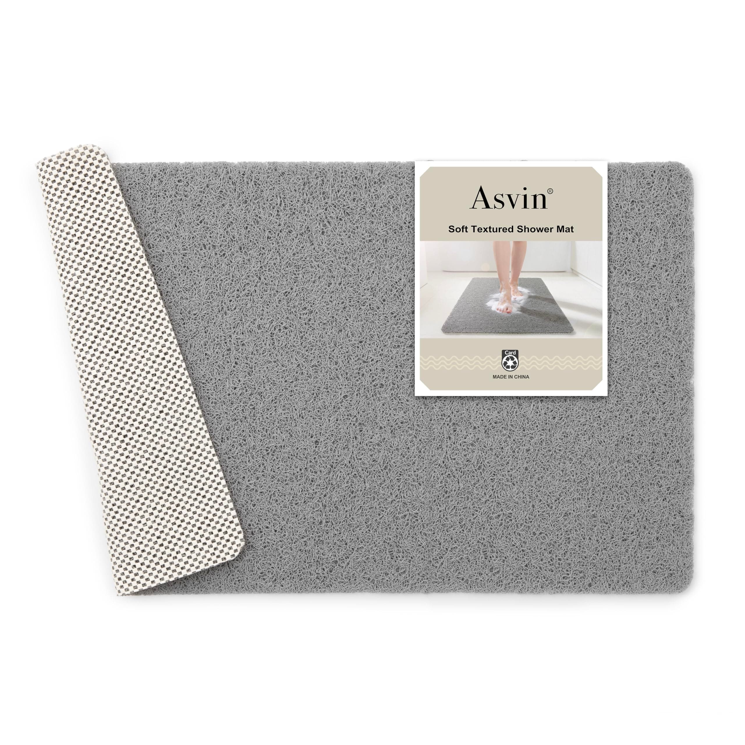 Asvin Soft Textured Bath, Shower, Tub Mat, 24x16 Inch Rectangular, Phthalate Free, Non Slip Comfort Bathtub Mats with Drain, PVC Loofah Bathroom Mat for Wet Areas, Quick Drying, Grey