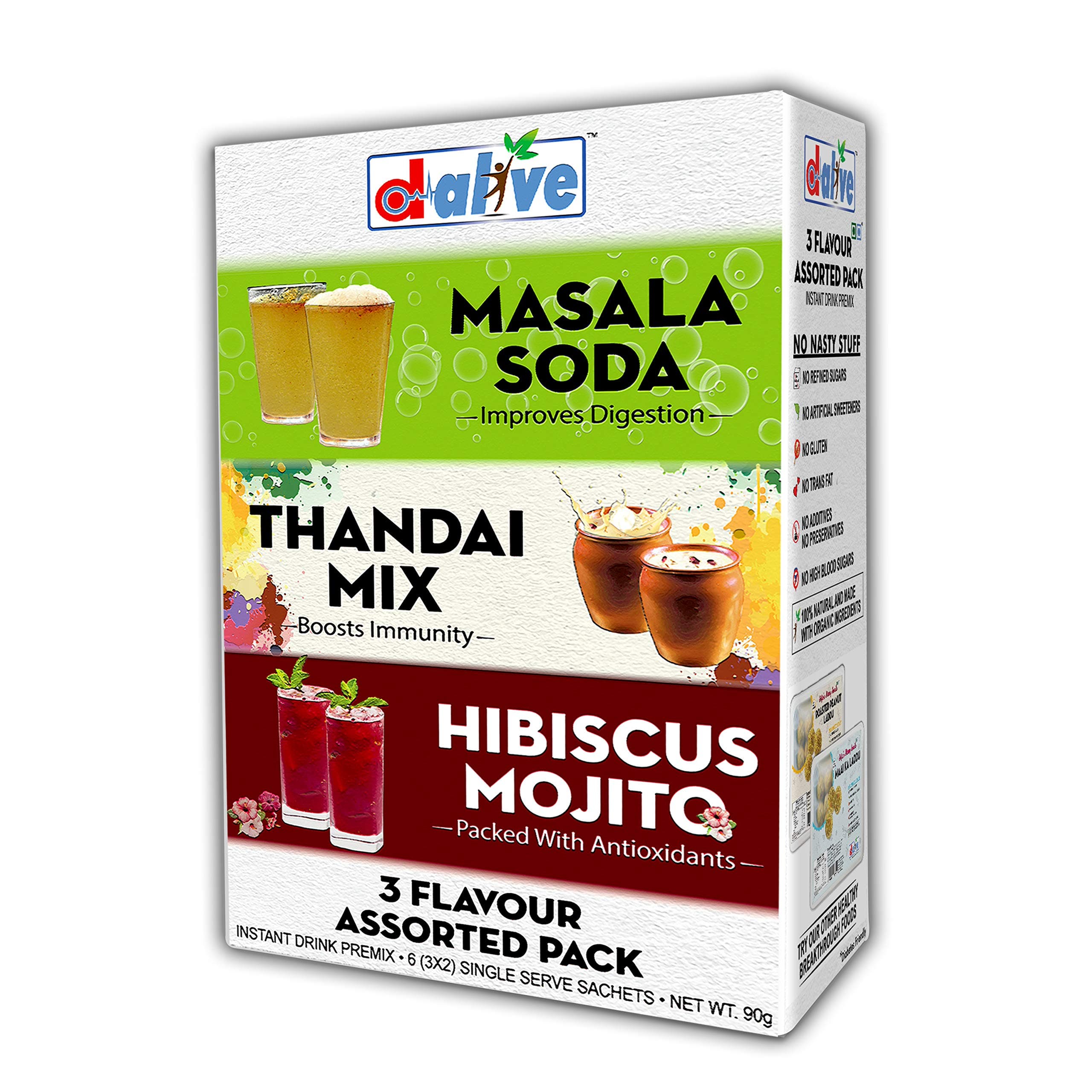 d alive 3 Flavour Assorted Pack Thandai Mix, Masala Soda, Hibiscus Mojito Instant Drink Premix, 90 g -6 Servings Per Container