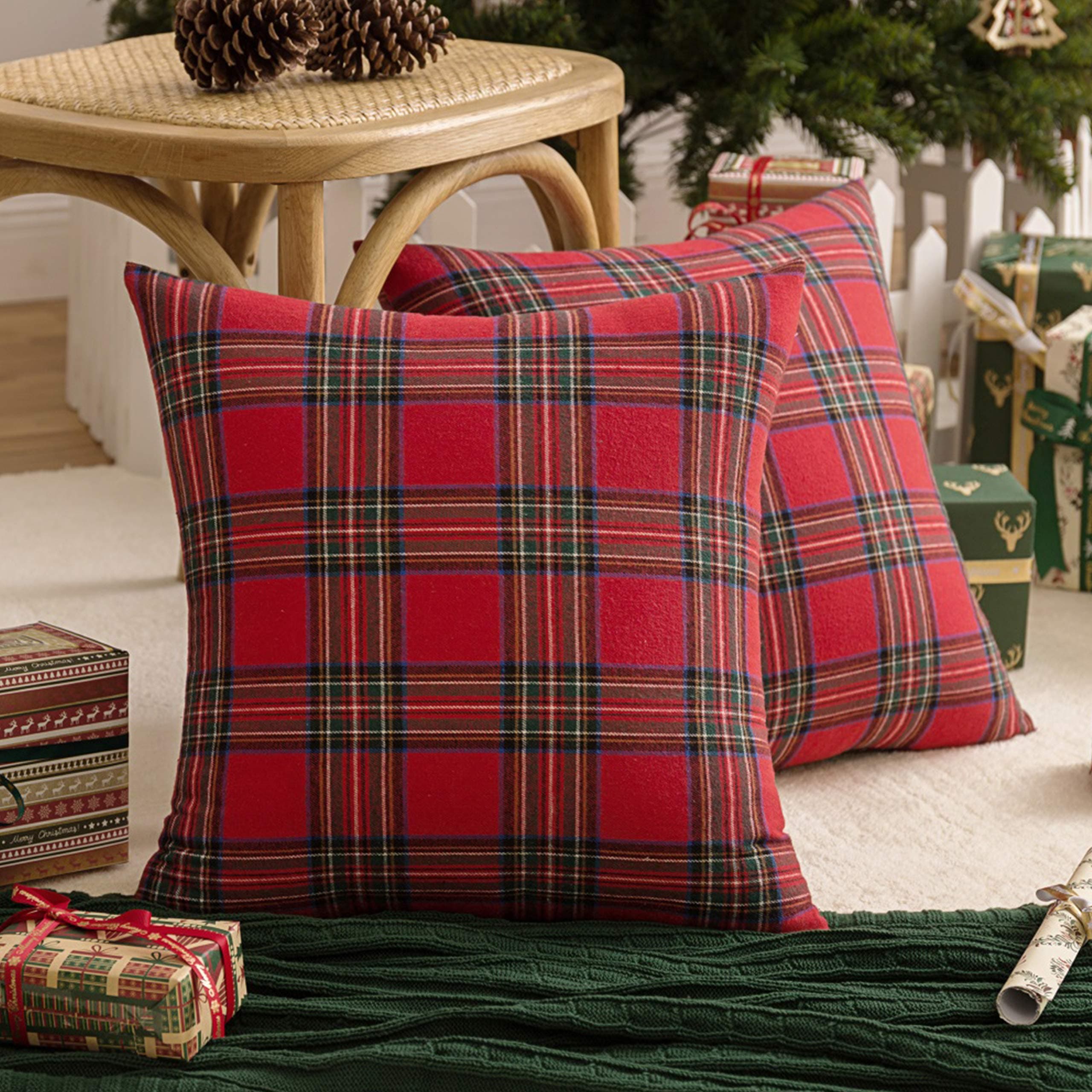 Pack of 2 Christmas Plaid Decorative Throw Pillow Covers Scottish Tartan Cushion Case for Farmhouse Home Holiday Decor Red and Green, 18 x 18 Inches