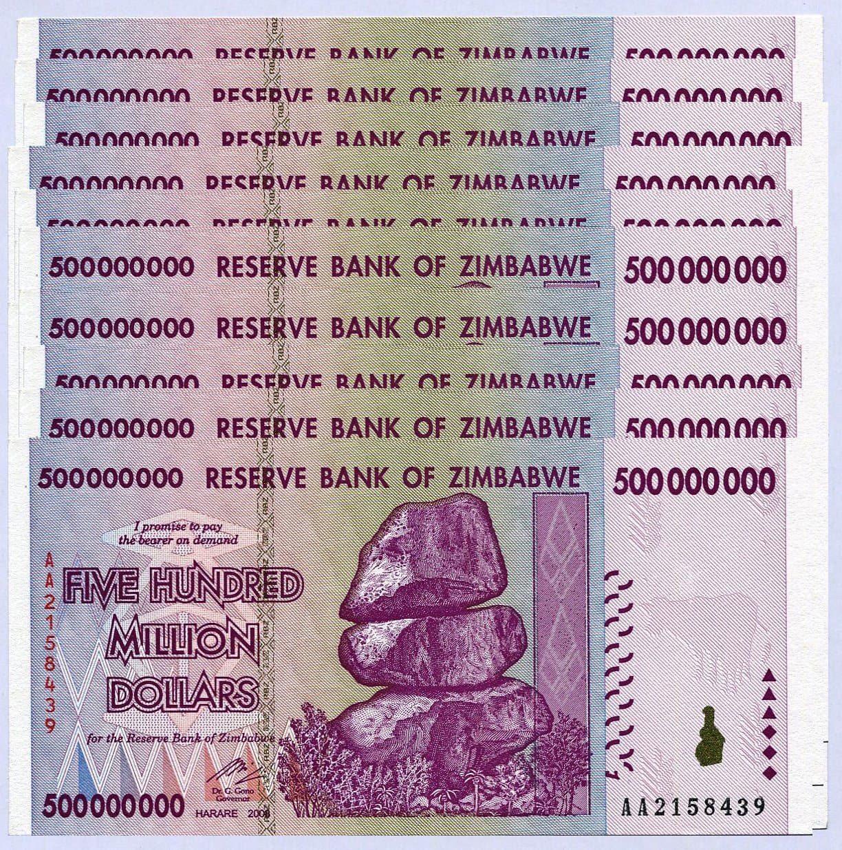 Zimbabwe 500 Million Dollars x 10 Notes 2008 UNC, World inflation record, currency banknotes