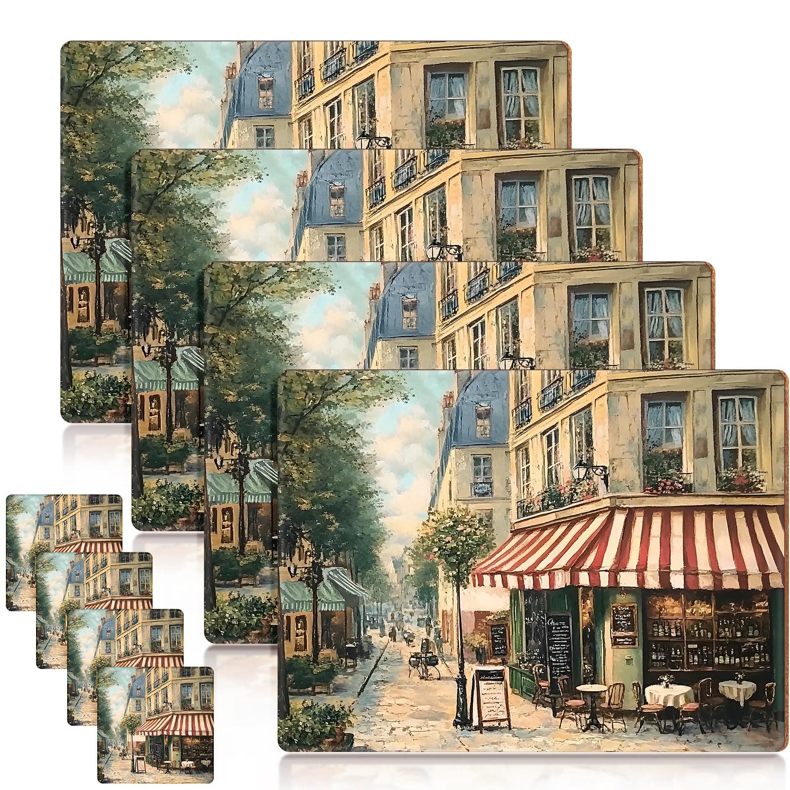 4 Sets Cork Placemats with Coasters Include Street Scene Table Mats and Square Coasters Cork Placemats Set for Kitchen Dinner Table Setting Supplies, 11.4 x 15.4 Inch