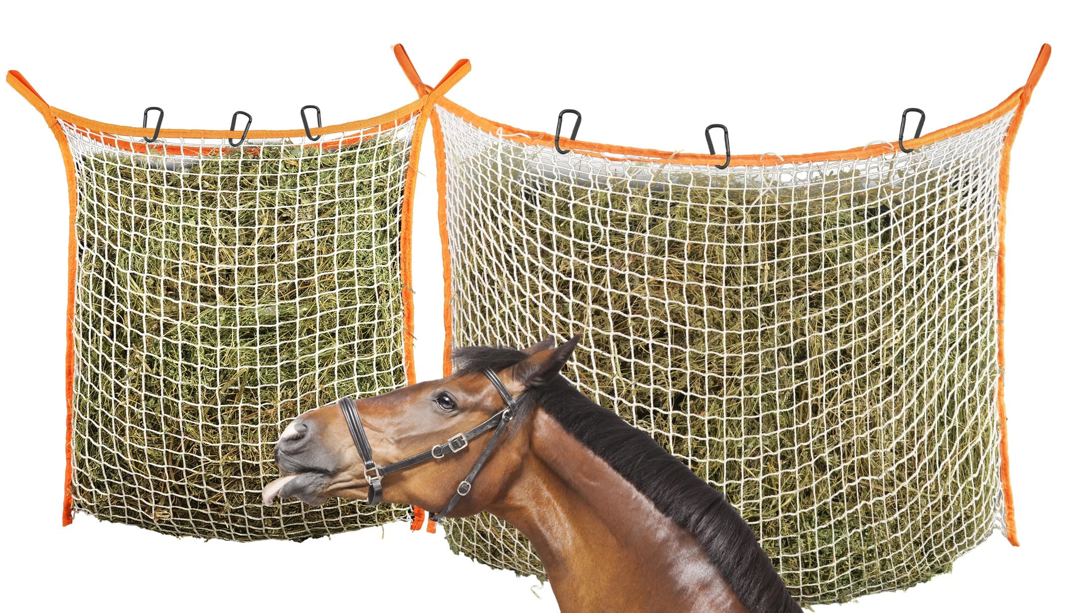 2PCS Slow Feed Hay Net Bag Full Day Horse Feeding Large Feeder Bag with Small Holes Extra Lage(1pcs 63"x40"+1pcs 35"x31"+ 6pcs Carabiner Clips)